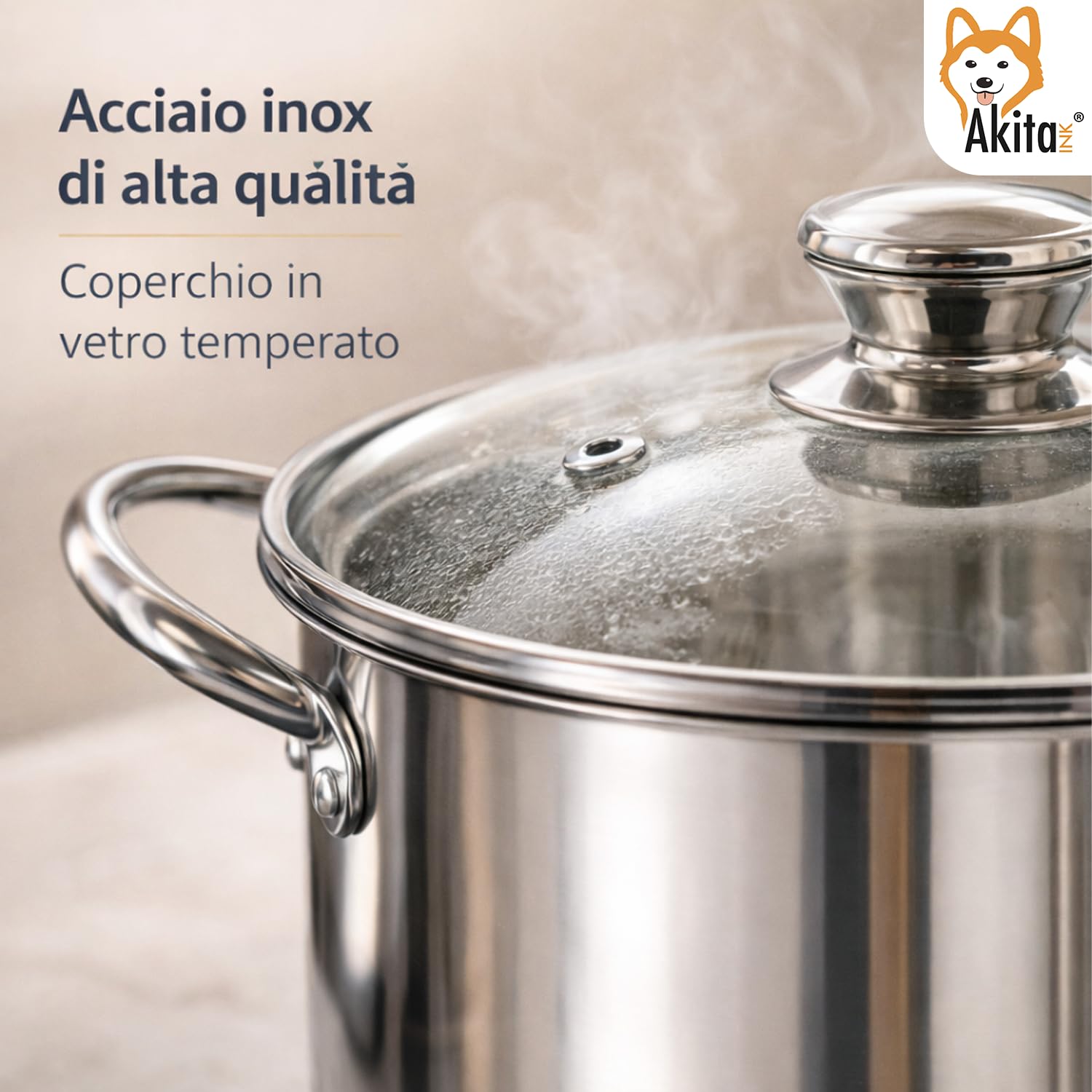 AKITAInk Bollipasta Duna 24 cm in Acciaio Inox con 2 Cestelli e Coperchio in Vetro Temperato, Pentola per Pasta con Scolapasta Integrato, Resistente e Pratica