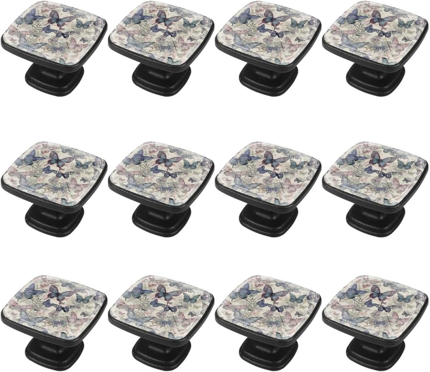 12 Pieces Cute Butterflies Vintage Retro Pattern Glass Knobs for Dresser Drawers, 1.37 x 1.10 in Square Kitchen Cabinet Pulls for Home Office Nursery Kids Room