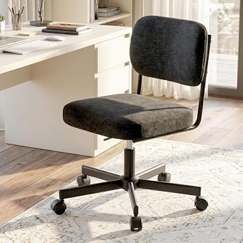 Vanity Chair with Wheels, Cute Armless Desk Chair with Back, Height Adjustable Swivel Small Office Chair, Comfy Fabric Computer Task Chair for Bedroom, Study, Dressing Room Black