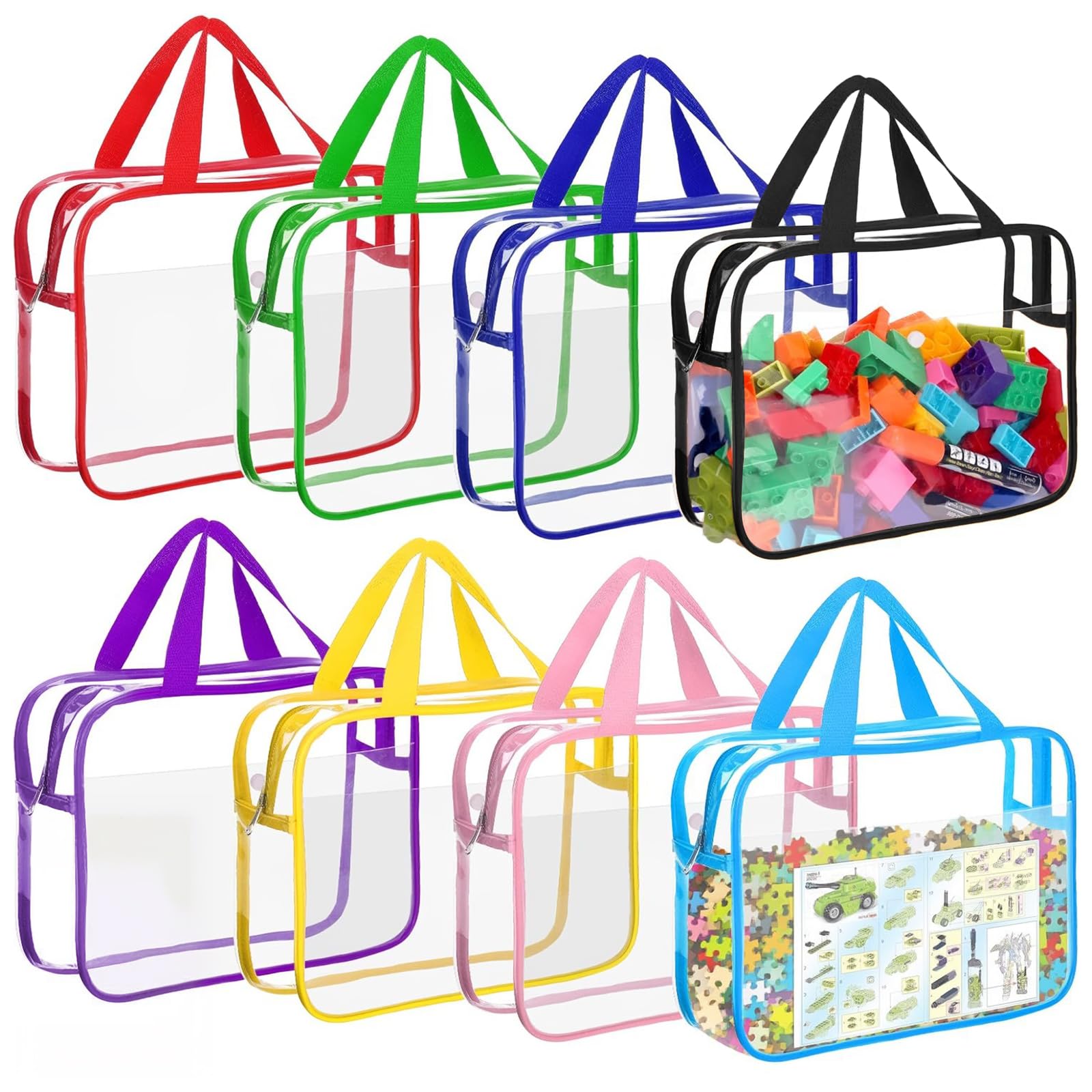 Dhswnng Clear 8 Packs Toy Storage Bags With Handle, 11.8X8.6 Inch Toy Organizing Bags With Zipper Waterproof Pvc Bags For Travel Reusable Toys Organiser For Building Blocks Puzzle