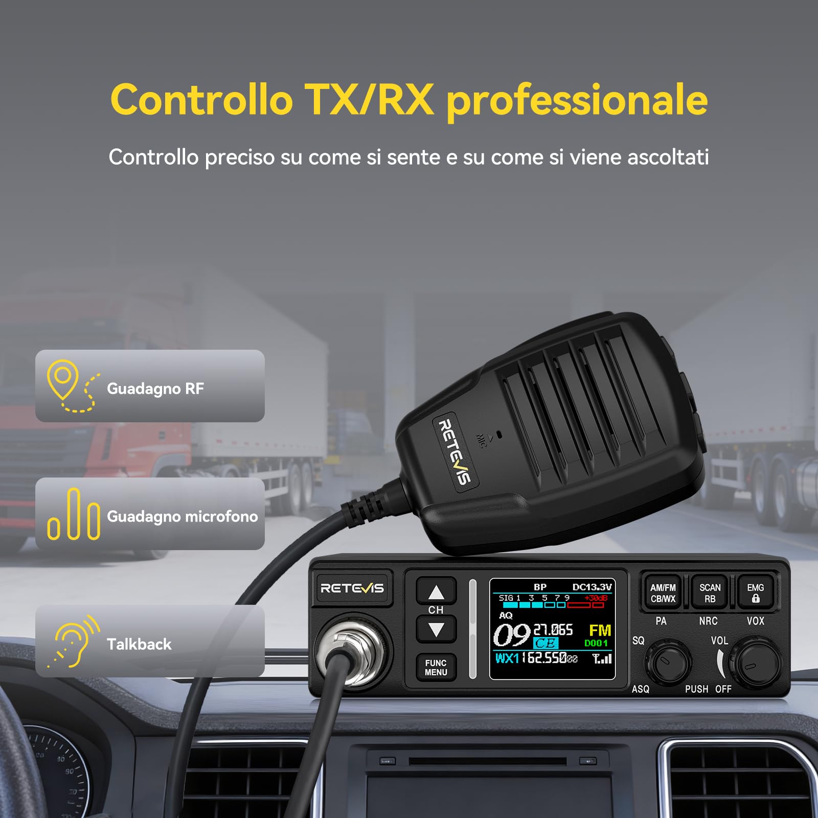 Retevis MB63B CB Radio e Antenna, NRC Cancellazione Del Rumore Radio CB Veicolare,12V/24V, AM/FM, TFT Colori, CTCSS/DCS, VOX, 40 Canali,EMG CH9/19 Radio CB Portatile per Team Fuoristrada (1 Pezzo) - 2