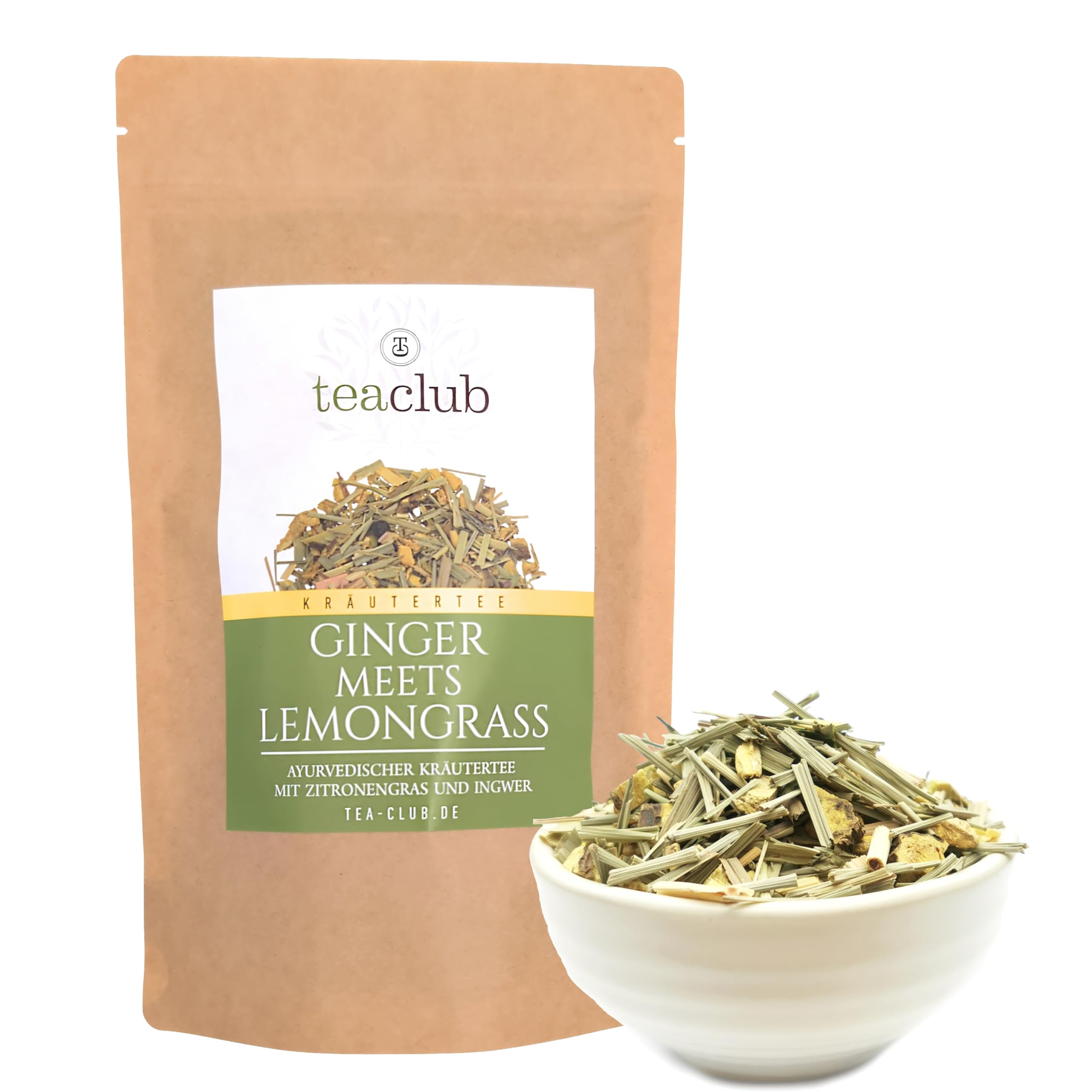 TeaClub Ayurvedischer Kräutertee Lose 500g – Ingwer Zitronengras Herbal Tea | Koffeinfreier Ayurveda-Tee, Ingwer, Zitronengras & Süßholzwurzel, natürliche Süße, Süßholzwurzel Tee Mischung glutenfrei