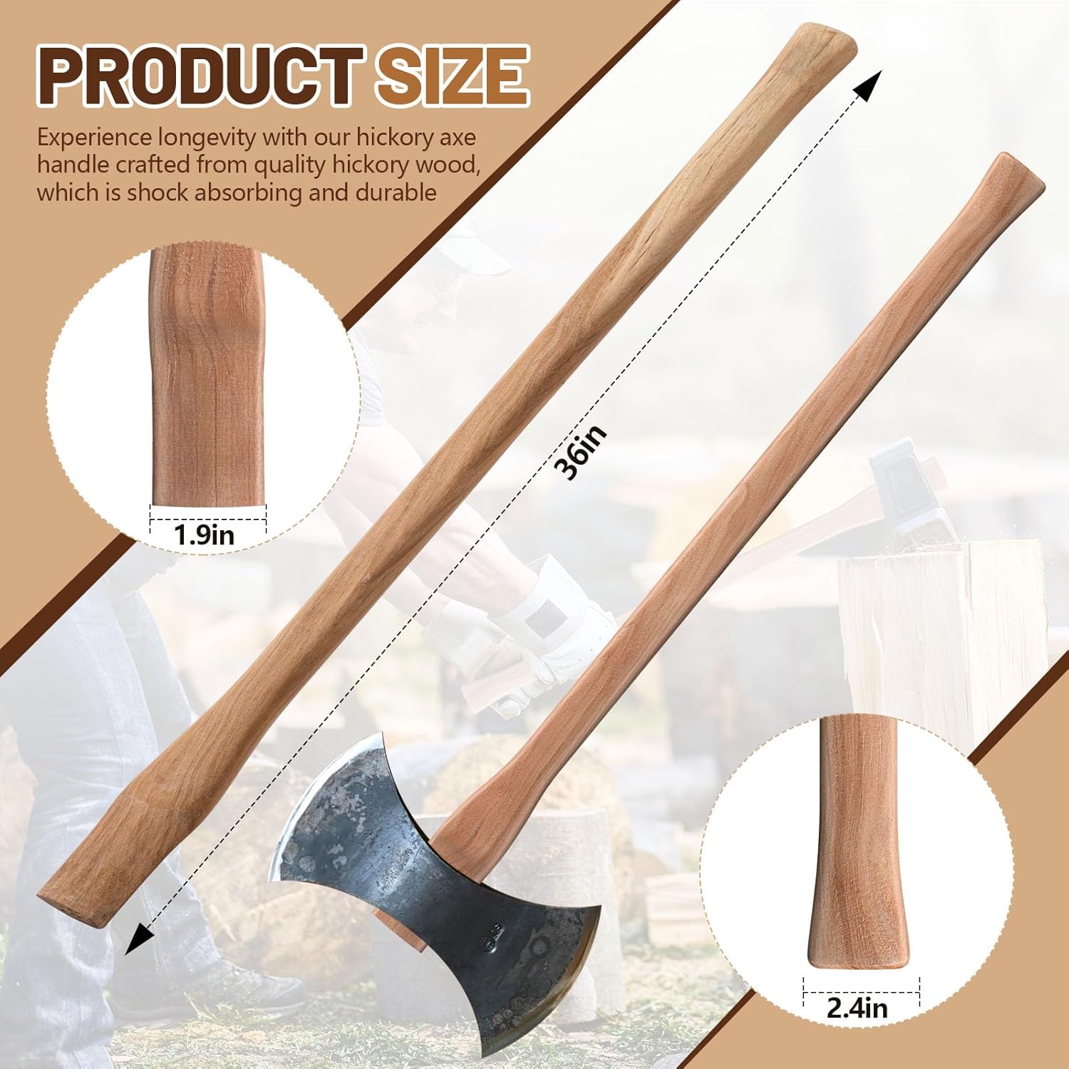 Lasnten 4 Pcs 36 Inches Double Bit Axe Handle Replacement Hickory Wood Axe Maul Handle, Complete Set with Wooden and Iron Wedges for Double Bit Hatchet