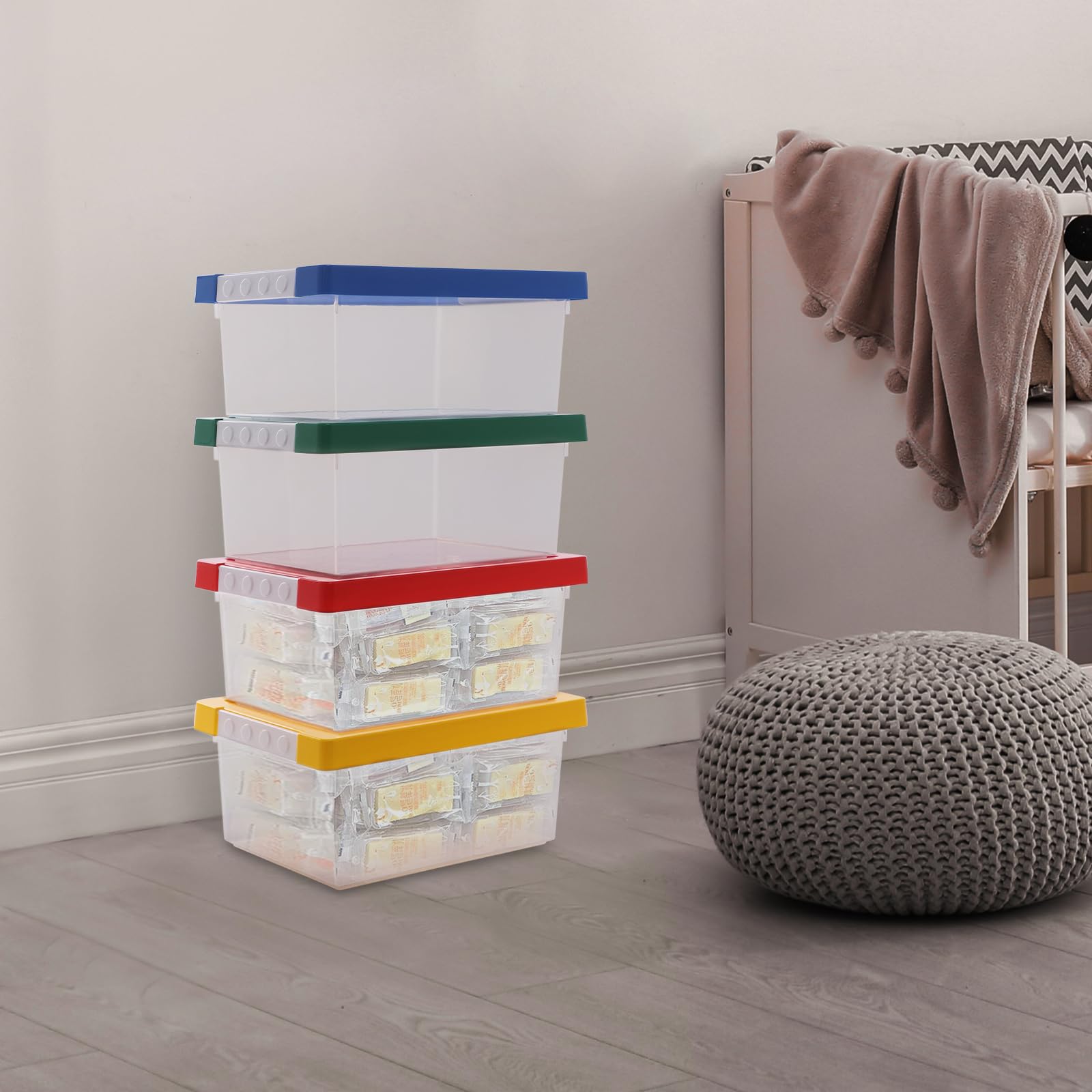 4 pezzi di mattoncini da costruzione con coperchio, impilabile, scatola per giocattoli in plastica, scatole di assortimento per giocattoli