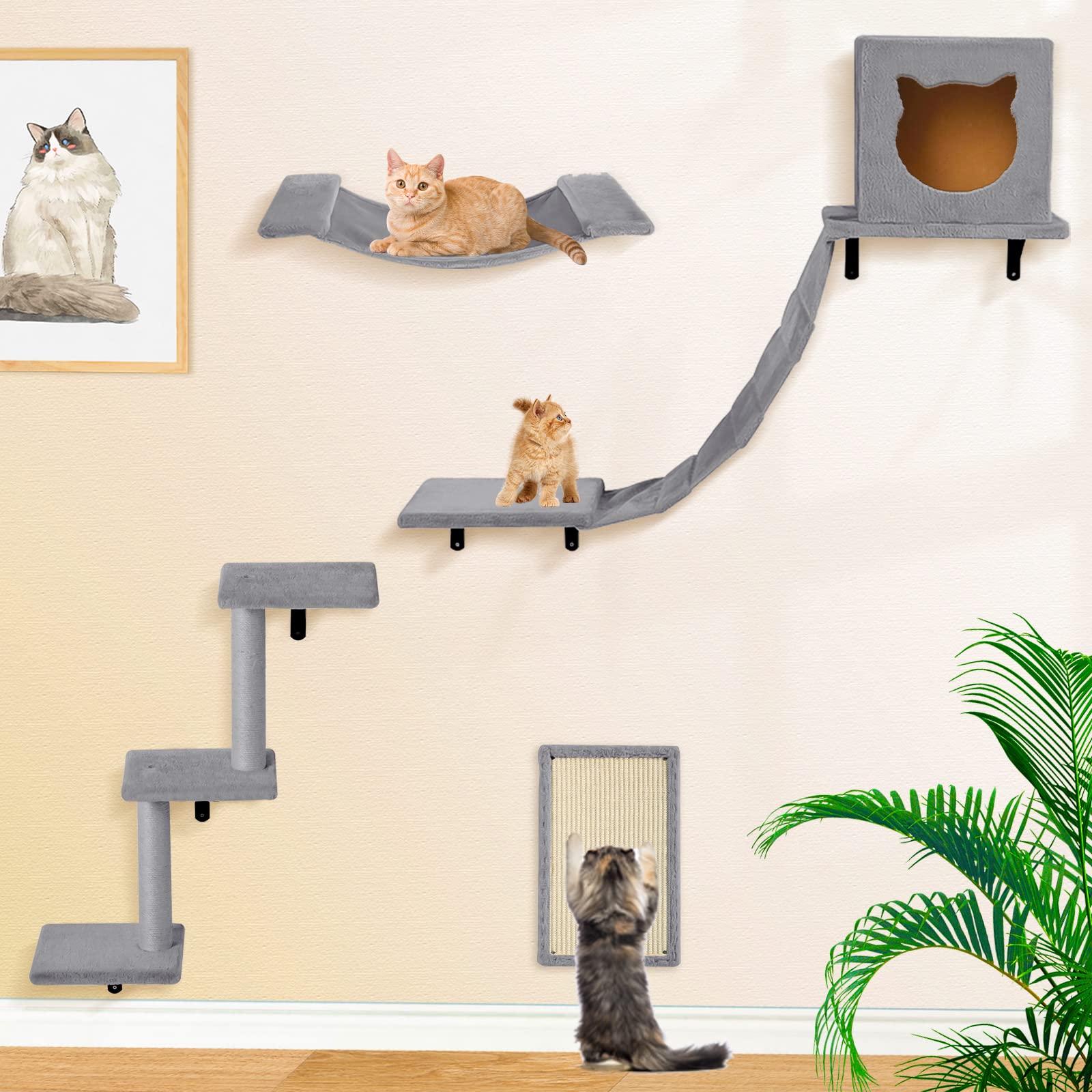 Cat Wall Furniture Set-Cat Wall Shelves Include Cat Hammock, Cat Condo with Cat Bridge, Cat Step with Cat Scratching Post Cat House for Indoor Cat Wall Mounted Cat Tree Grey