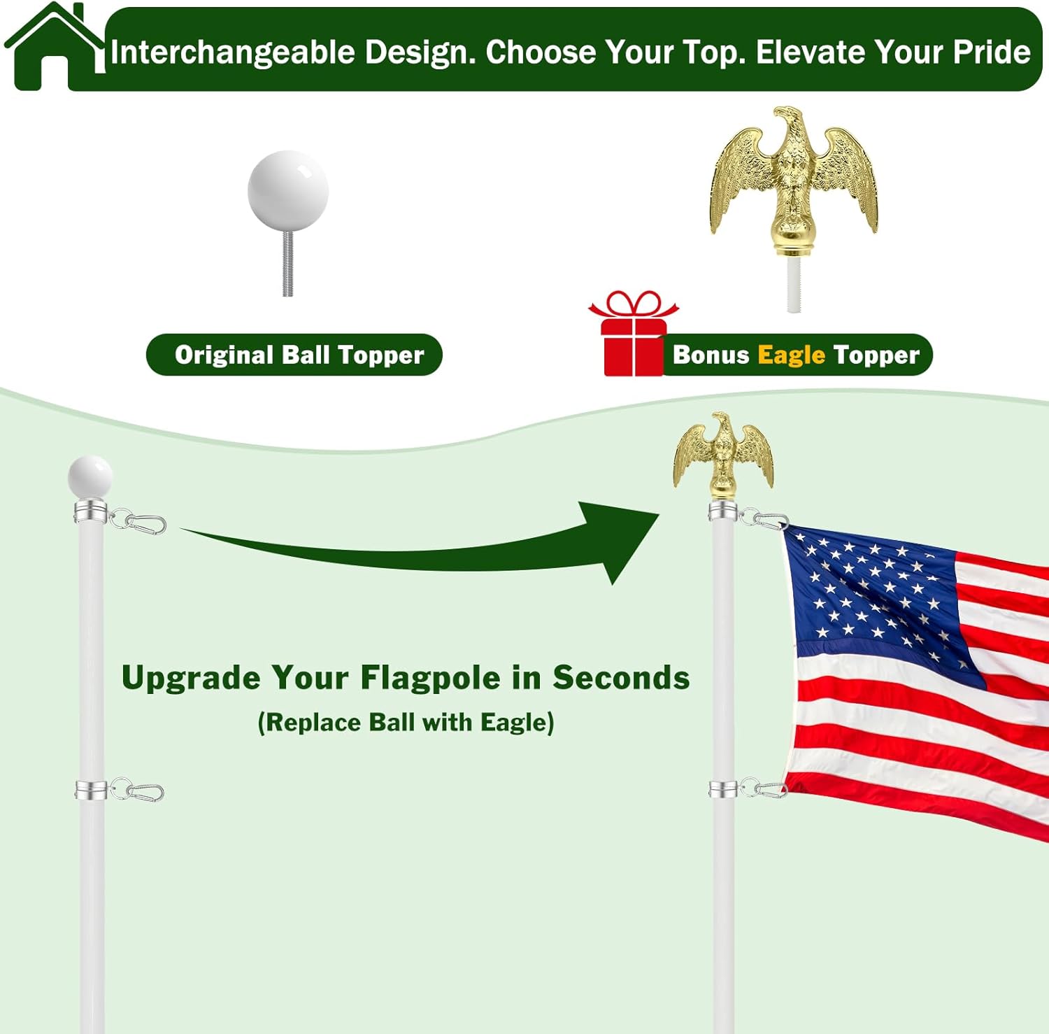 6FT Flag Pole Kit, 1 1/4 Inch (1.25”) Large Diameter Stainless Steel Flag Pole for Outside House, Outdoor Flagpole with Holder, Embroidered US Flag (White)