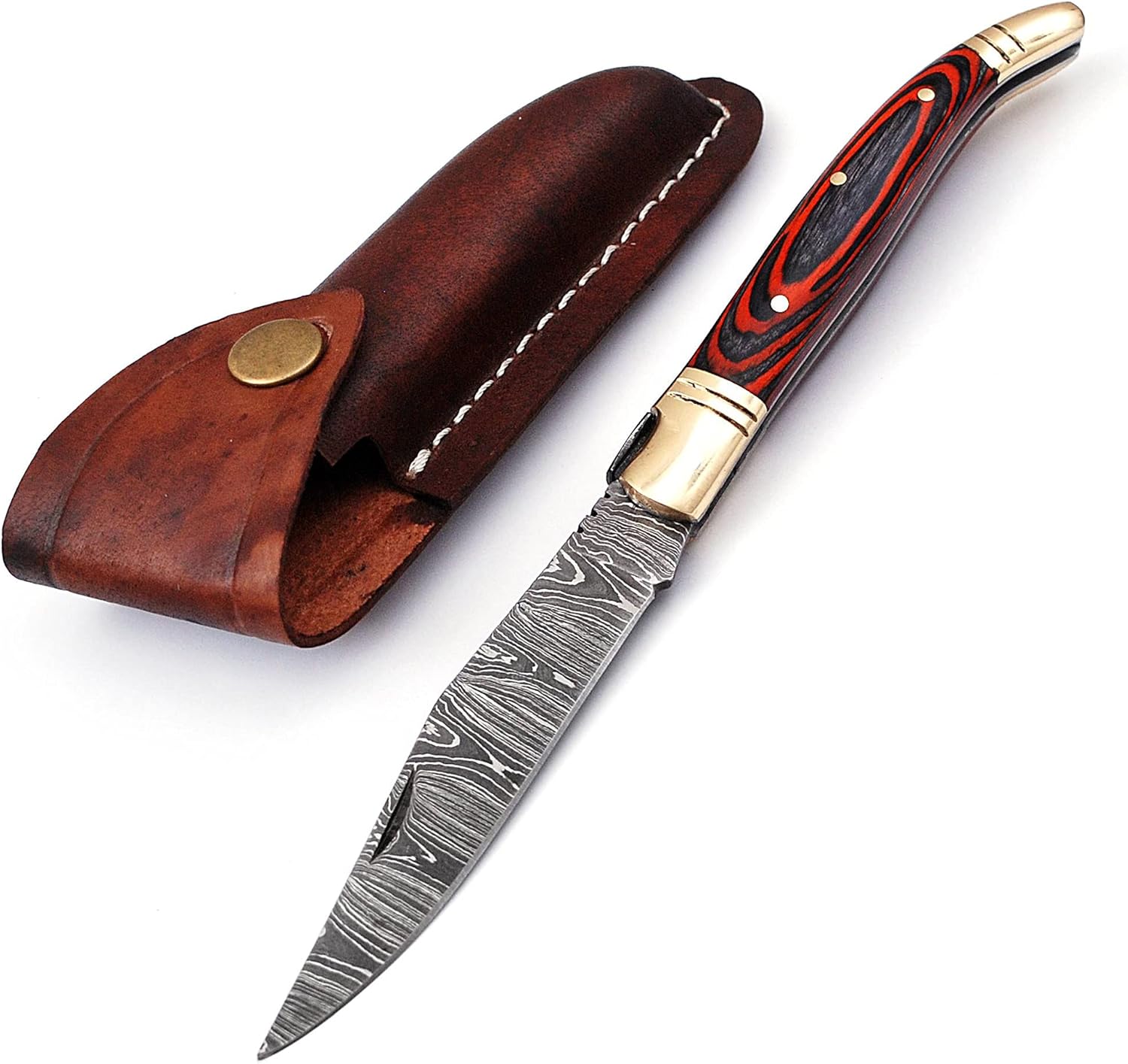 Damascus steel folding knife with leather sheath, 8.5 inches long laguiole pocket knife with 4 inches long Damascus steel Blade, 4.5 inches Blue multi colored wood scale with Brass bolster and pommel, Leather sheath included (Green)