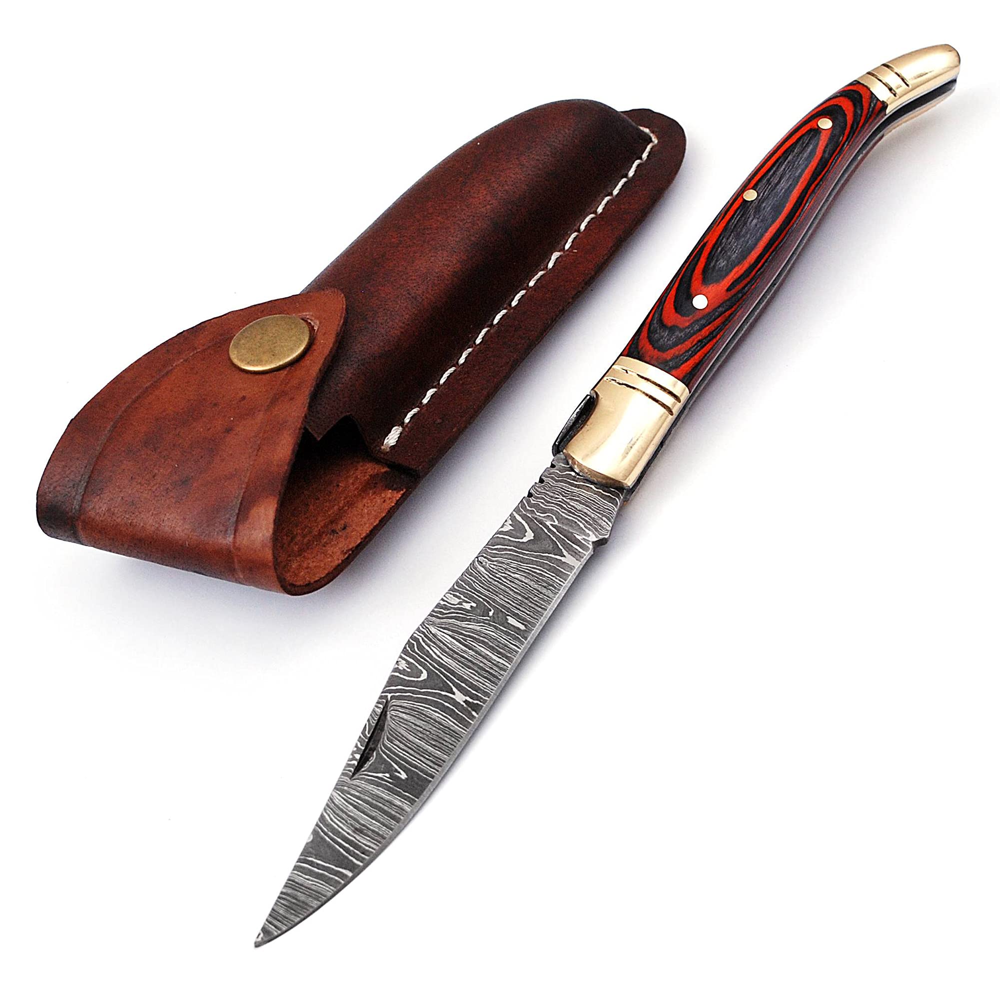 Damascus steel folding knife with leather sheath, 8.5 inches long laguiole pocket knife with 4 inches long Damascus steel Blade, 4.5 inches Blue multi colored wood scale with Brass bolster and pommel, Leather sheath included (Orange)