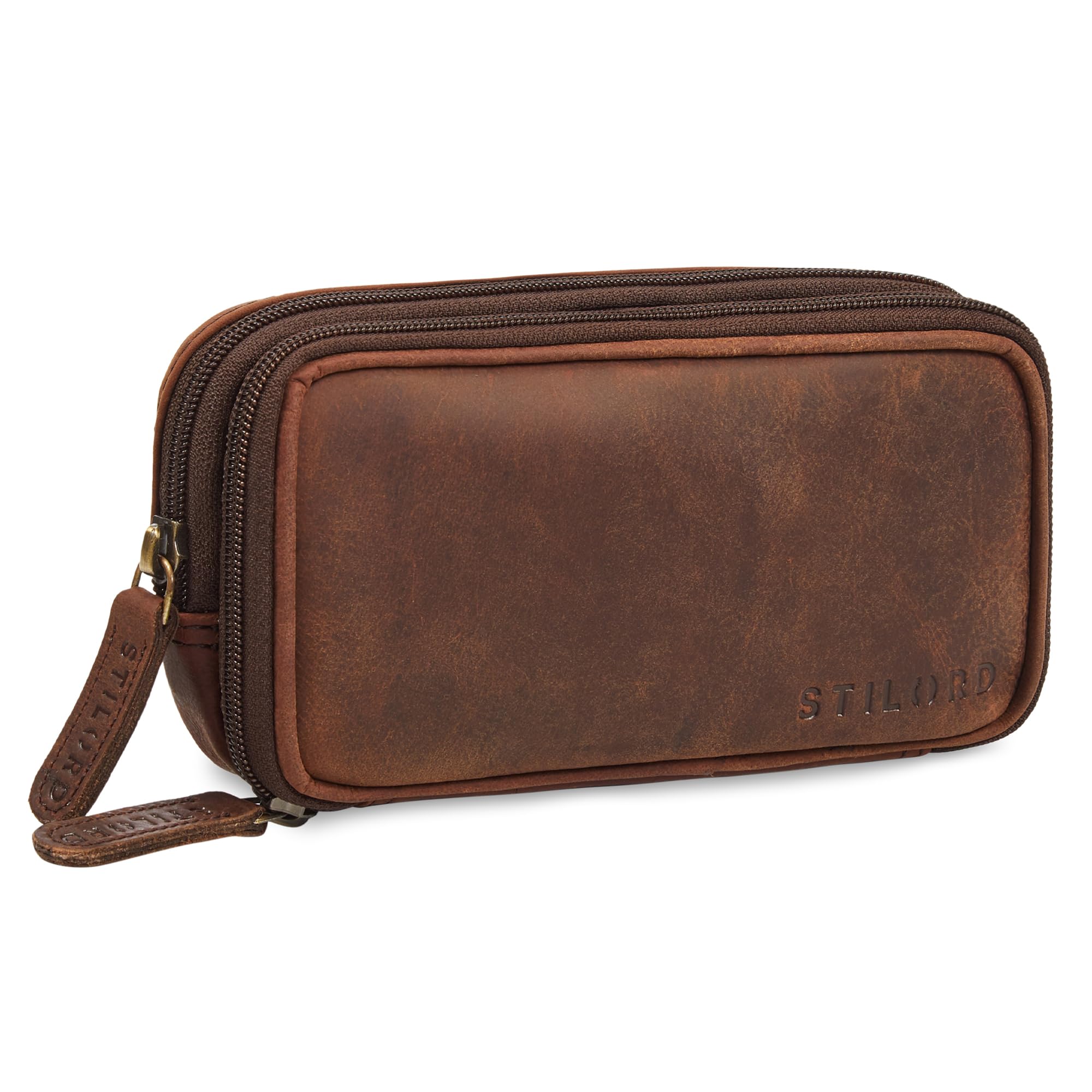 STILORD Fiore Leder Federmappe Vintage mit Reißverschluss Stiftemappe Federmäppchen Etui Schule Uni Echtleder Kosmetiktasche für Damen und Herren Farbe:Zamora - braun