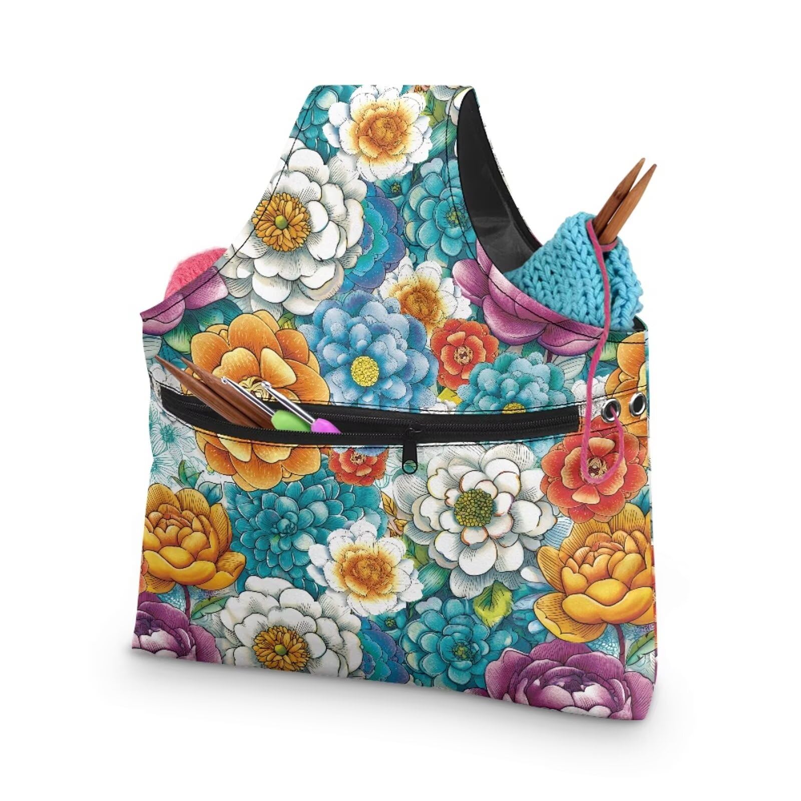 ASQVTIFE Hippie Lotus Yarn Bags for Crocheting Tote Yarn Storage Organizer Flower Crochet Bag Organizer Crochet Accessories Stylish Small Crochet Bags for Crocheting Project