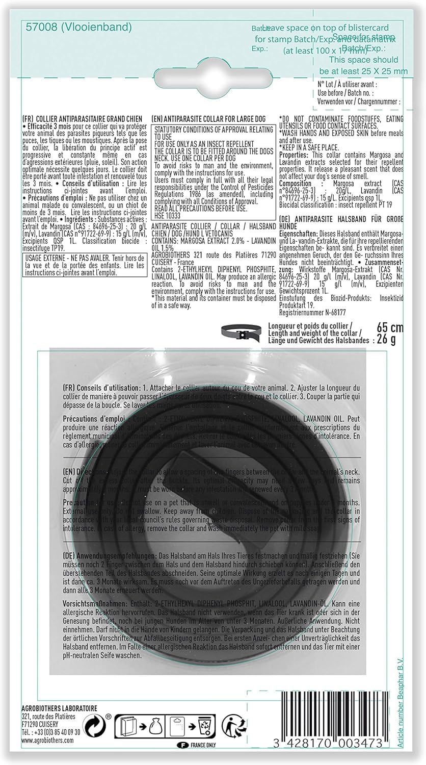 Vetocanis - Collier Répulsif Puces Tiques Moustiques - Protection 3 mois - Grand Chien 20 à 40 kg - Extraits Naturels Margosa et Lavandin