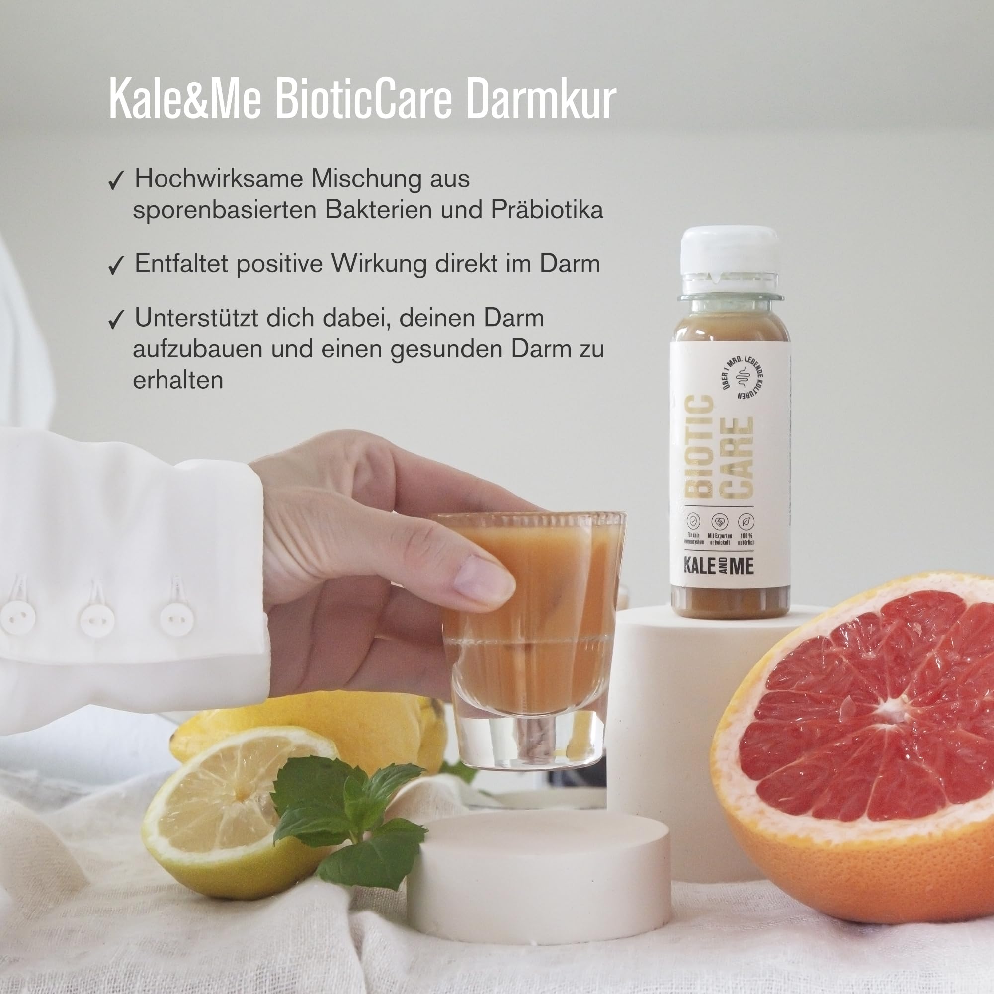 Kale&Me Darmkur 4 Wochen – 28 Shots mit je 85 ml – mit Darm-Guide | Biotic Care Shot mit sporenbasierten Bakterien & Präbiotika, vegan, ohne Zusatz- & Konservierungsstoffe, reich an Vitamin C