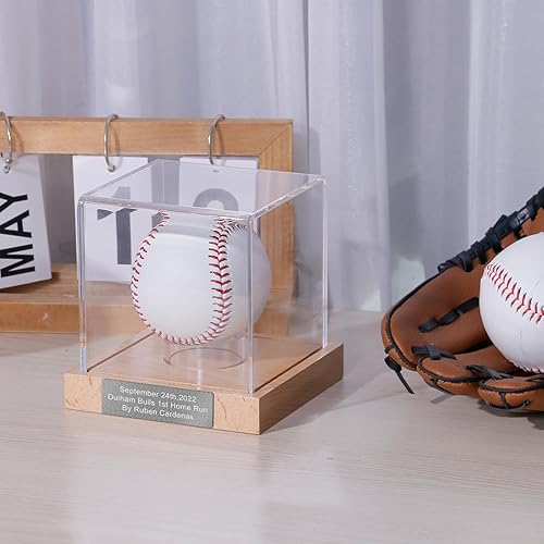 Miniatura 2 de Vitrina de béisbol con grabado, caja de almacenamiento de acrílico con protección UV, soporte de madera (madera de haya, grabado plateado)