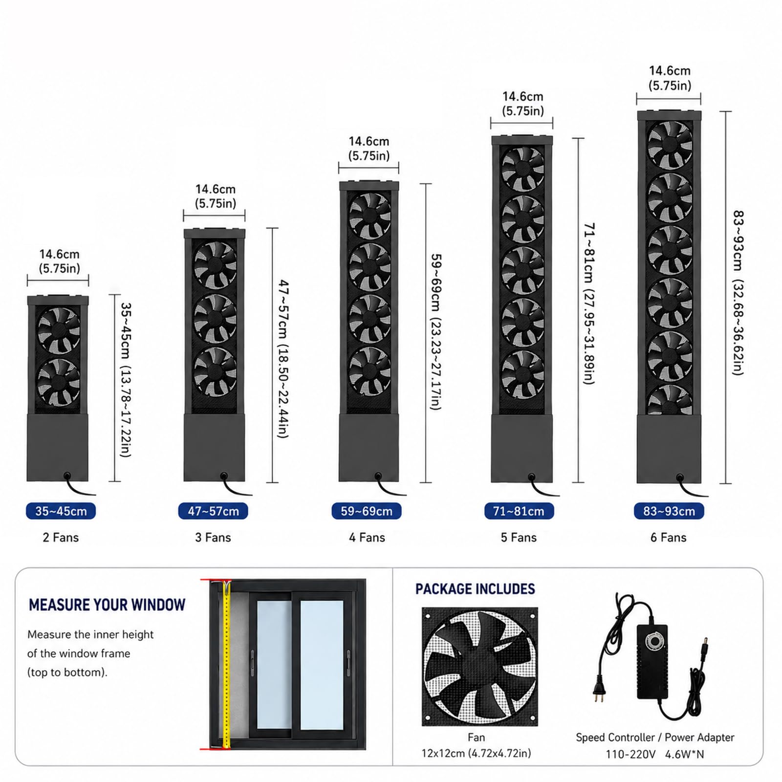 Extrem Leiser Fensterlüfter Mit Ausziehbarem Rahmen, Geräuschpegel Unter 35 Db, Werkzeuglose Montage, Stufenlose Geschwindigkeitsregelung Für Schlafzimmer, Wohnmobil Und Küche black 59*69cm