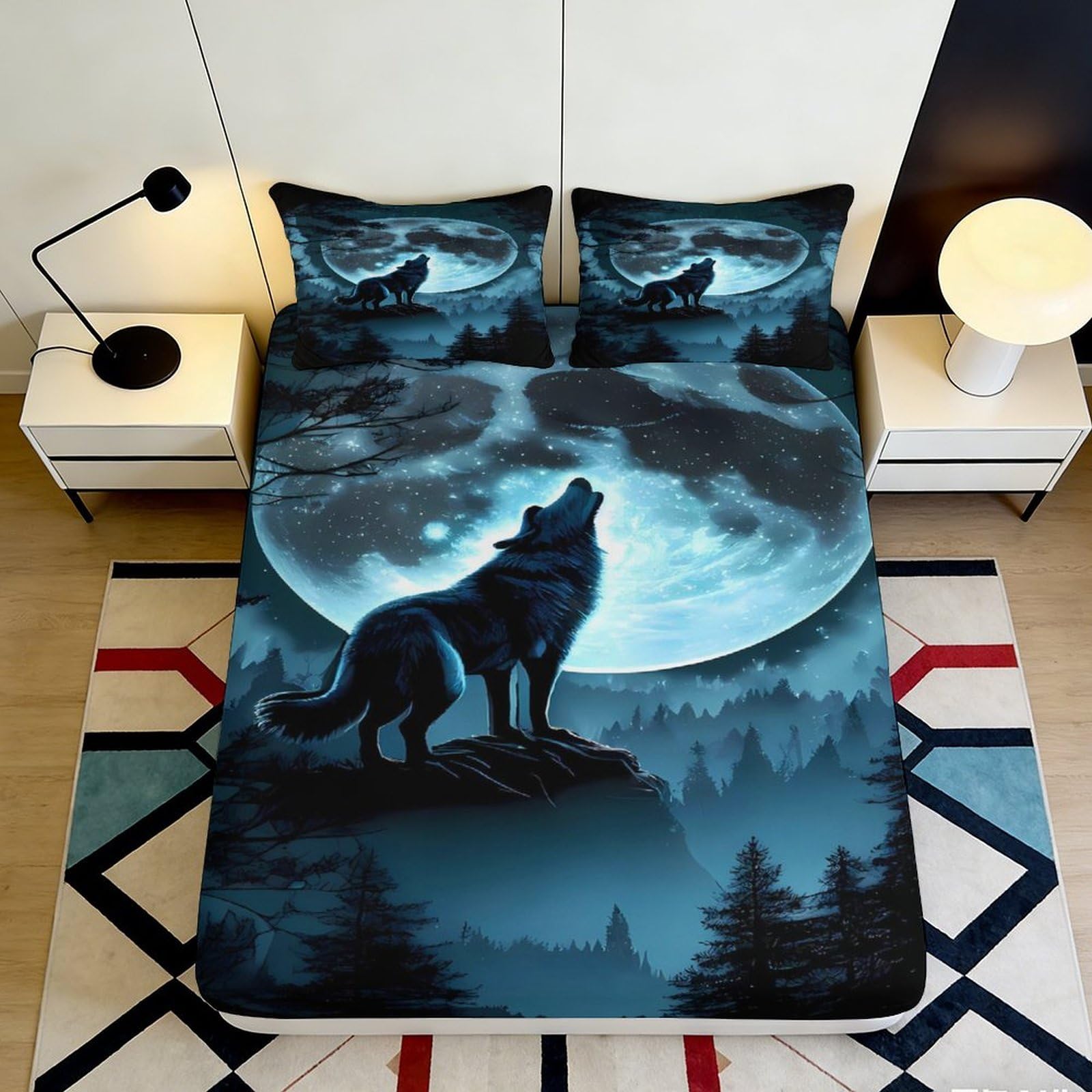 3D Printed Wolf Howling Moon Fitted Sheet Microfiber Soft Non-Slip Mattress Cover for Bedroom Dorm Youth Decor 180x200x25cm