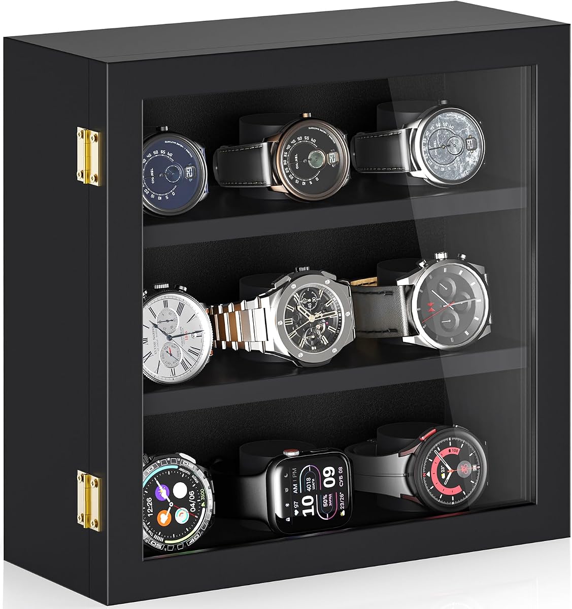 TJ.MOREE 9-Slot Watch Box Wall Mount Wooden Display Case Vertical Storage | Acrylic Front, Soft Lining, Gift for Men