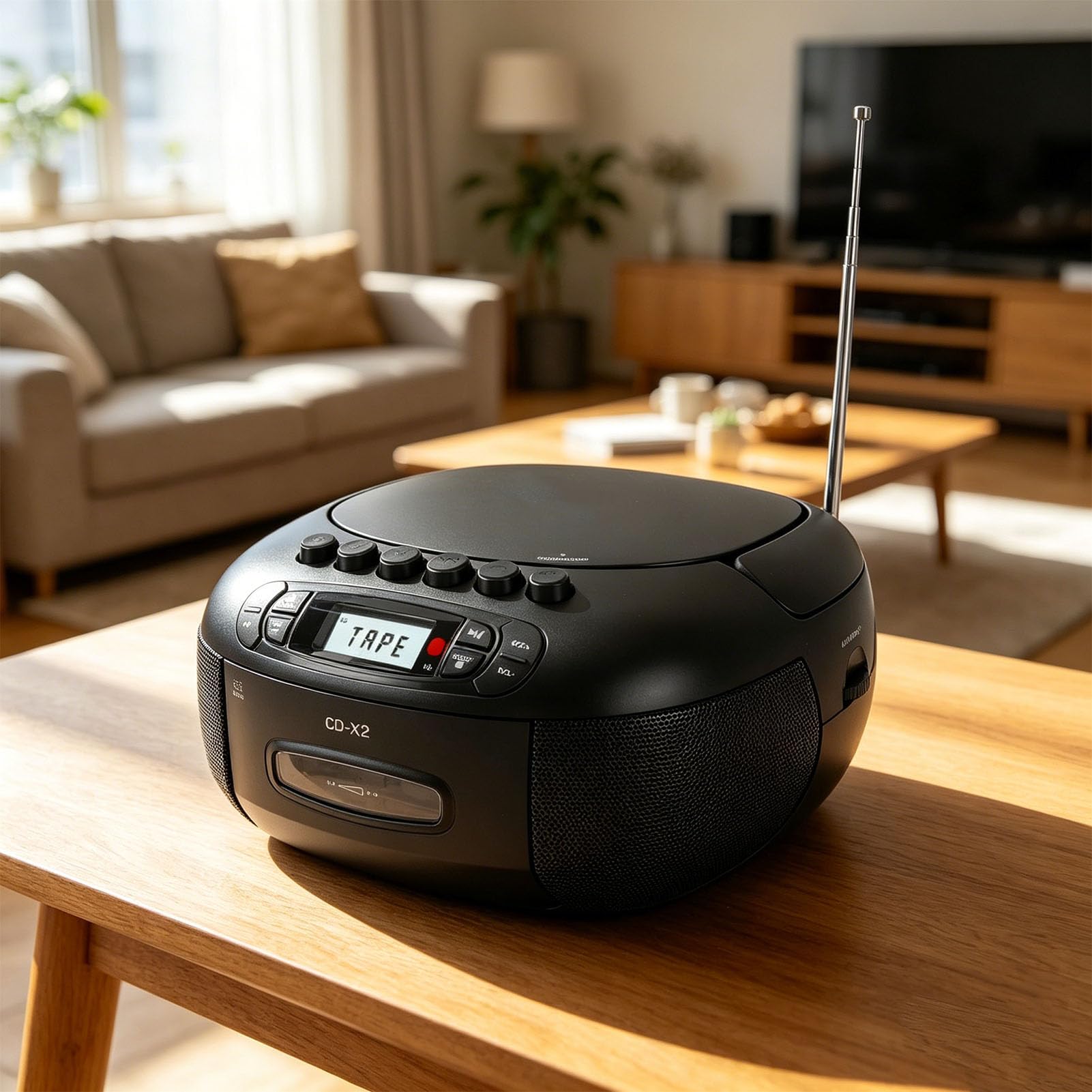 Odtwarzacz Kasetowy CD Boombox, Przenośny Odtwarzacz CD i Zestaw Odtwarzaczy Kasetowych z Bluetooth, Radiem AM FM, Wejściem USB AUX, Pilotem, Wyświetlaczem LCD, Zasilaniem (wtyczka UE)