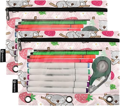 Miniatura 2 de Kigai Estuche para lápices con 3 anillos y diseño de koala de fresa, estuche con cremallera y bolsa transparente para lápices, paquete de 2 unidades