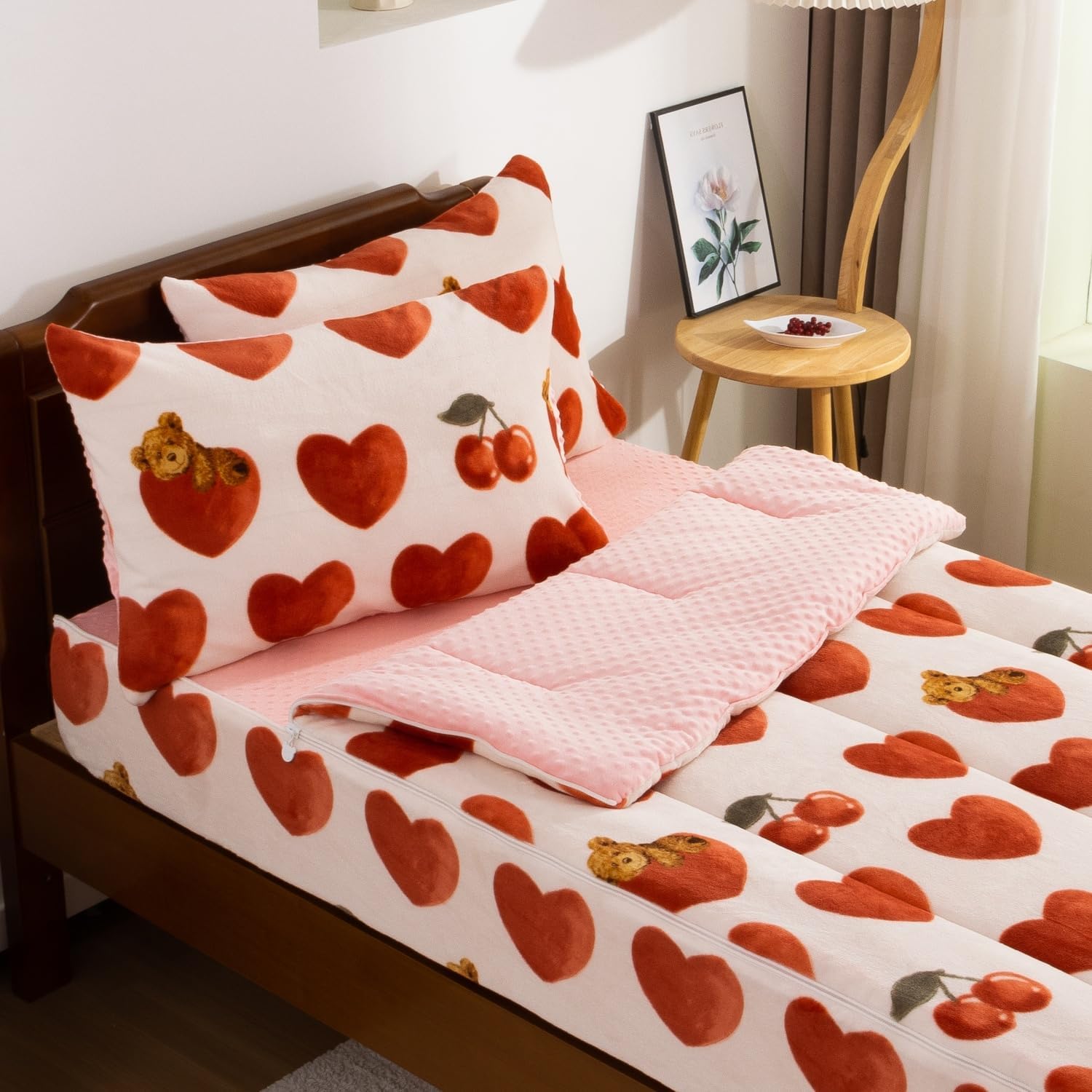 Meeting Story Zip Up Comforter for Kids,3pcs Fluffy Comforter Set Zipper Bedding Set for Girls,Twin Kid Fleece Comforter Love Pattern Bear Plush Bedding（Red,Twin）