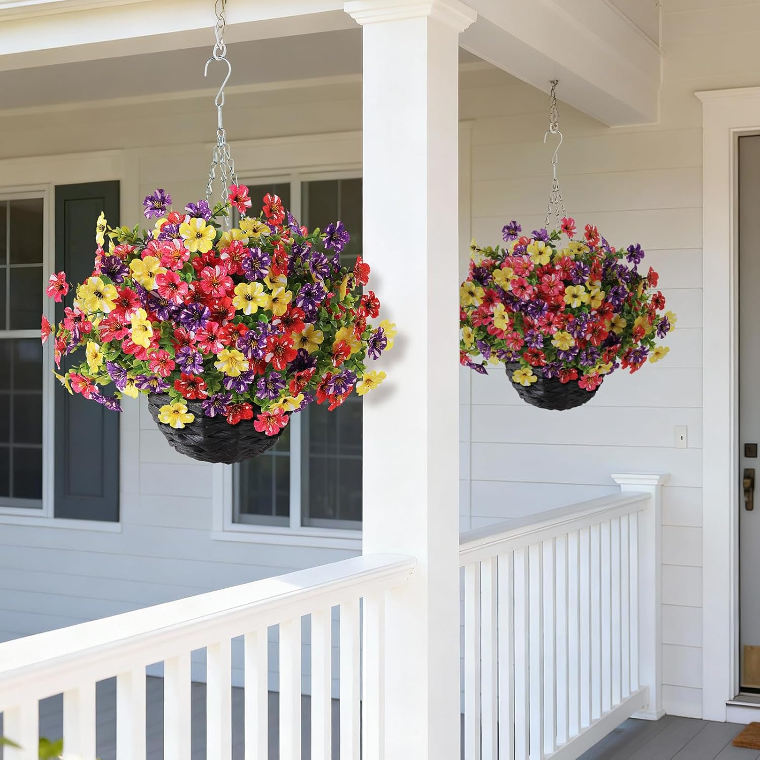 Artificial Flower & Eucalyptus with Hanging Basket - 2PCS Faux UV Sun Resistant Morning Glory in Planter, Fake Colorful Silk Flowers for Spring Summer Porch Patio Balcony Yard Decor (Mixed Color)