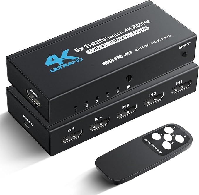 HDMI switch 5 in 1 Out Unidirectional with Remote, Support 4K @60Hz HDR 3D Dolby Audio, Compatible with PC, laptop ps-4-5 pro,3 HDMI input devices connect 1 output, hdmi splitter 5