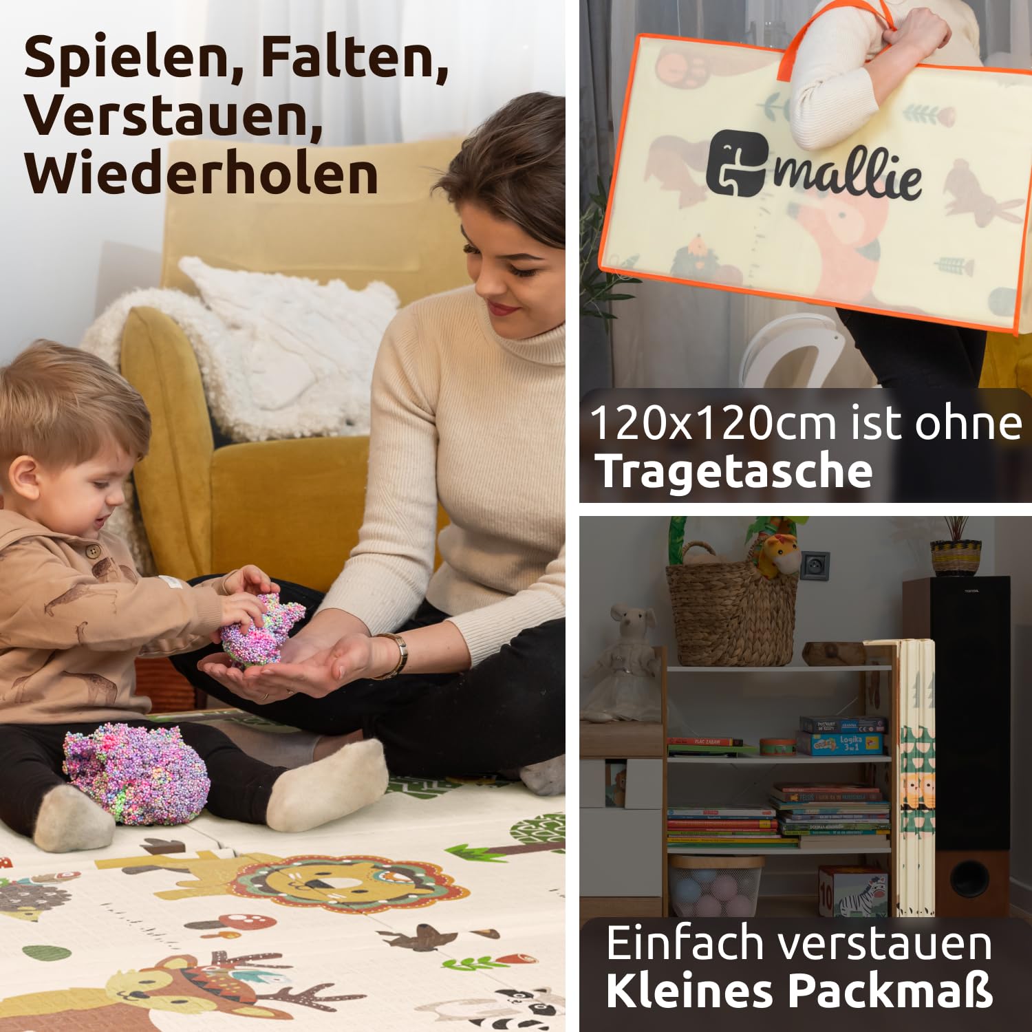 Mallie® Spielmatte Baby Faltbar 120x120x1cm [100% BPA- und Schadstoff-Frei] Doppelseitige Krabbelmatte Baby, Krabbeldecke Baby I Baby Play Mat, Spielmatte Baby Faltbar