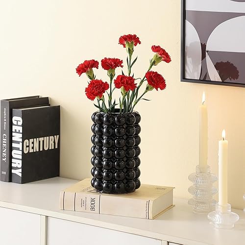 Miniatura 5 de Jarrón de burbujas negro, jarrón de cerámica negra para flores, jarrones altos de cerámica para decoración bohemia, jarrones modernos para sala de