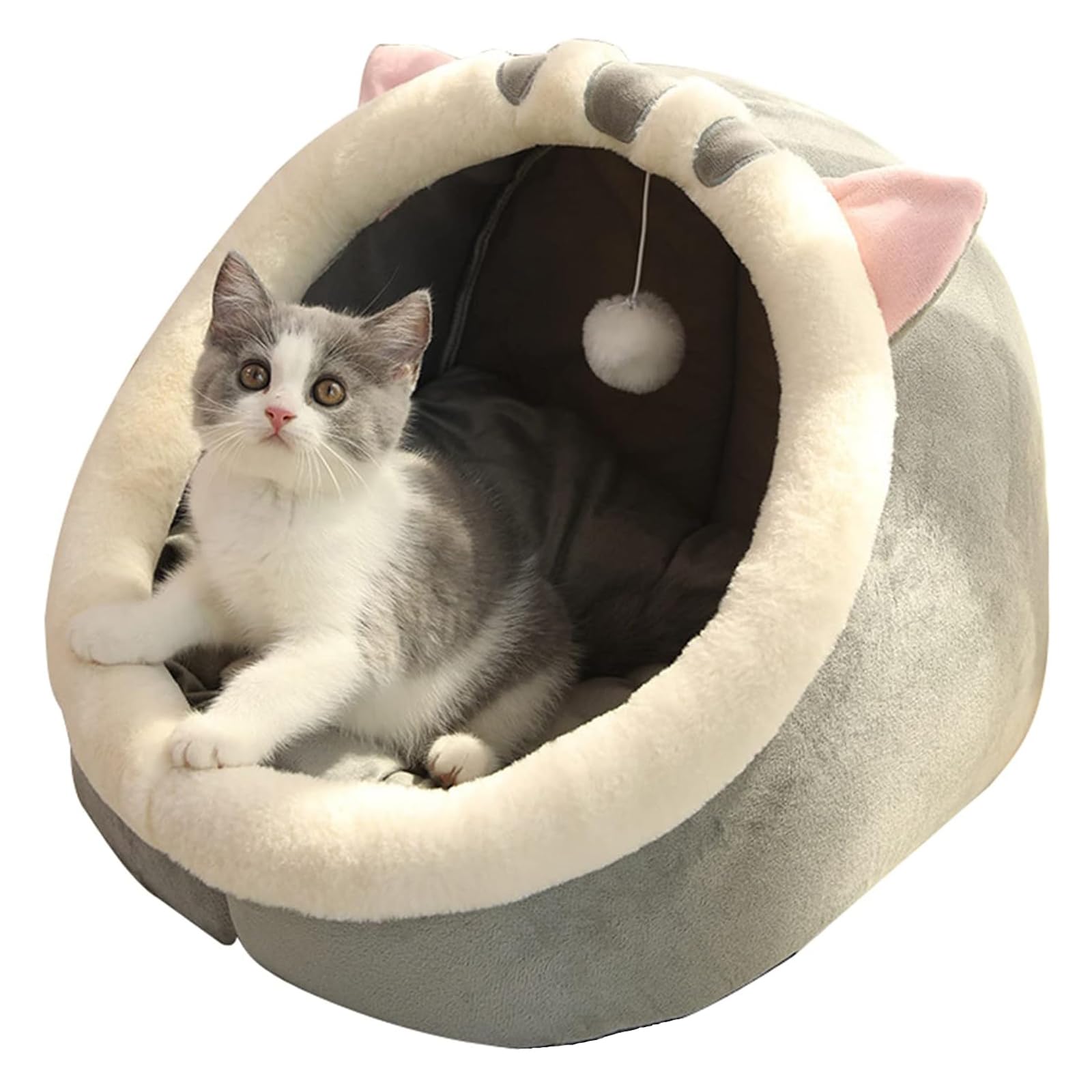 Katzenbett für den Innenbereich, weiches, süßes Katzenhaus, halbgeschlossenes Katzenhöhle Bett mit Plüschball, großer Raum, abnehmbar, waschbar, für Vier Jahreszeiten geeignet,L