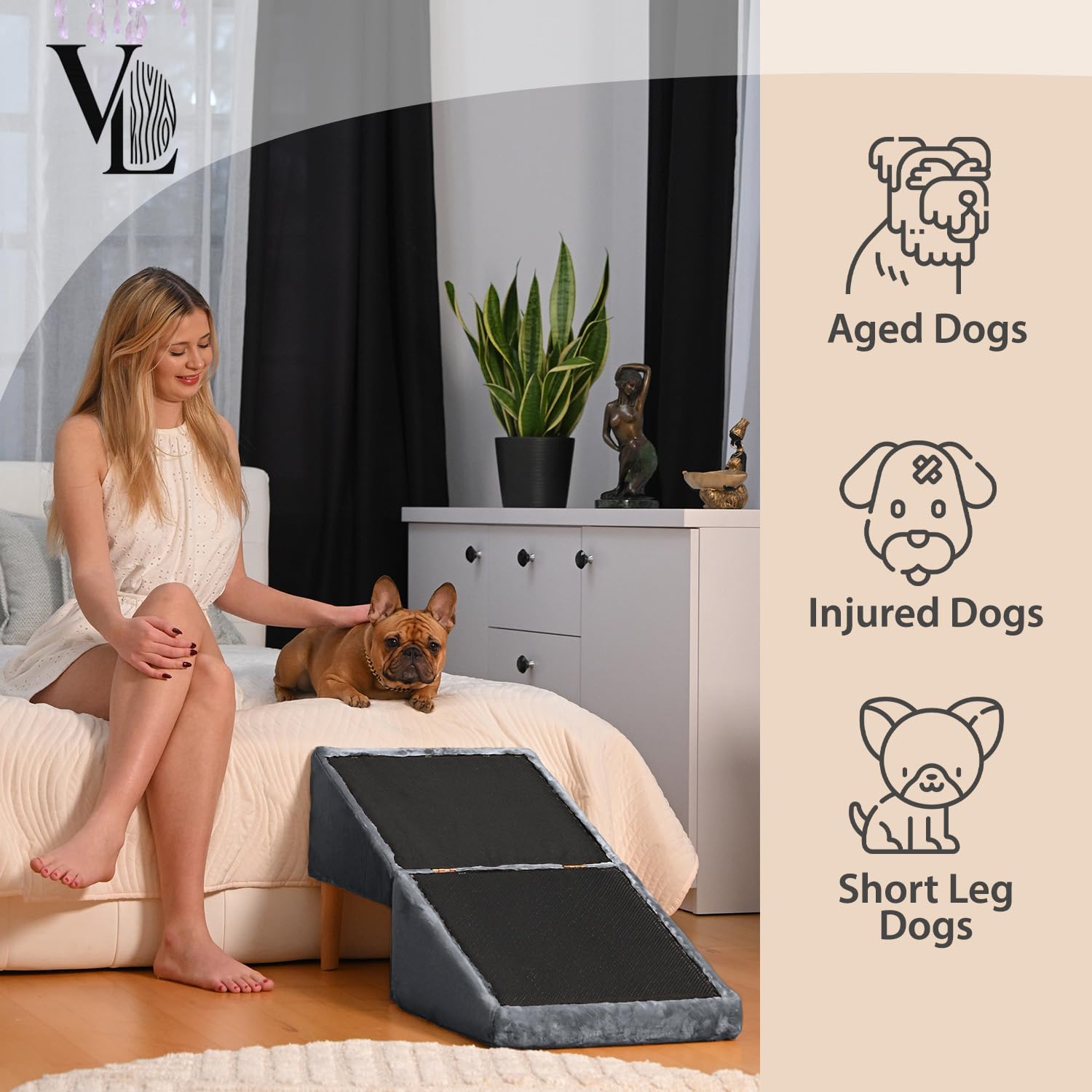 VELORA H&L Hunderampe Dunkelgrau - 2in1 Hundetreppe und Sitzhocker, Klappbare Einstiegshilfe für Sofa und Bett, Stabile Holzkonstruktion mit Veloursbezug, rutschfeste Lauffläche für Hunde und Katzen