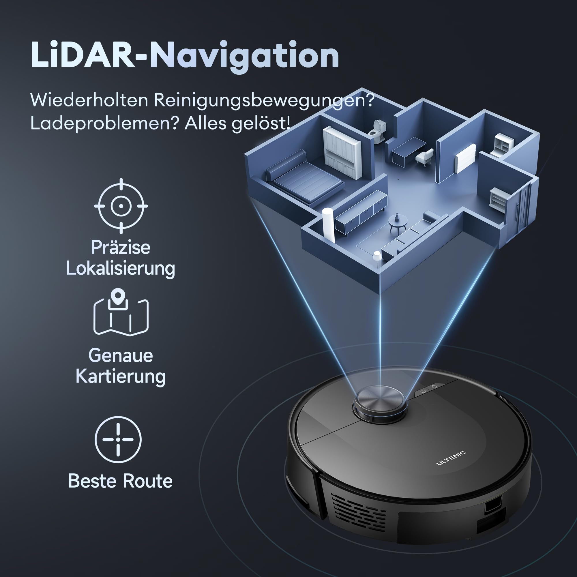 Ultenic D10 Saugroboter mit Wischfunktion 3 in 1, 5000Pa Staubsauger Roboter mit LiDAR Navigation, 50 dB Saugroboter, Roboterstaubsauger mit APP Steuerung, Ideal für Tierhaare, Teppiche, Hartböden