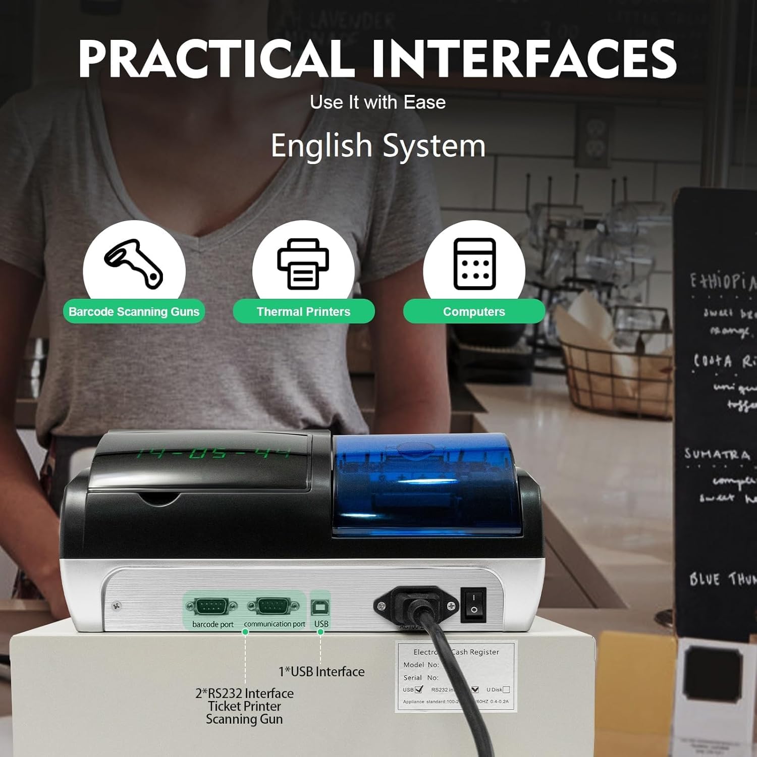 Caja registradora electrónica, versión inglesa con cajón de efectivo, 48 teclas, doble pantalla LED, caja registradora, varios métodos de pago, caja registradora electrónica para restaurantes