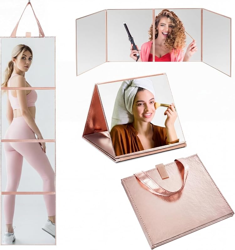 Espelho dobrável de corpo inteiro com 3 partes Burbell Rose Gold, portátil, 1 unidade