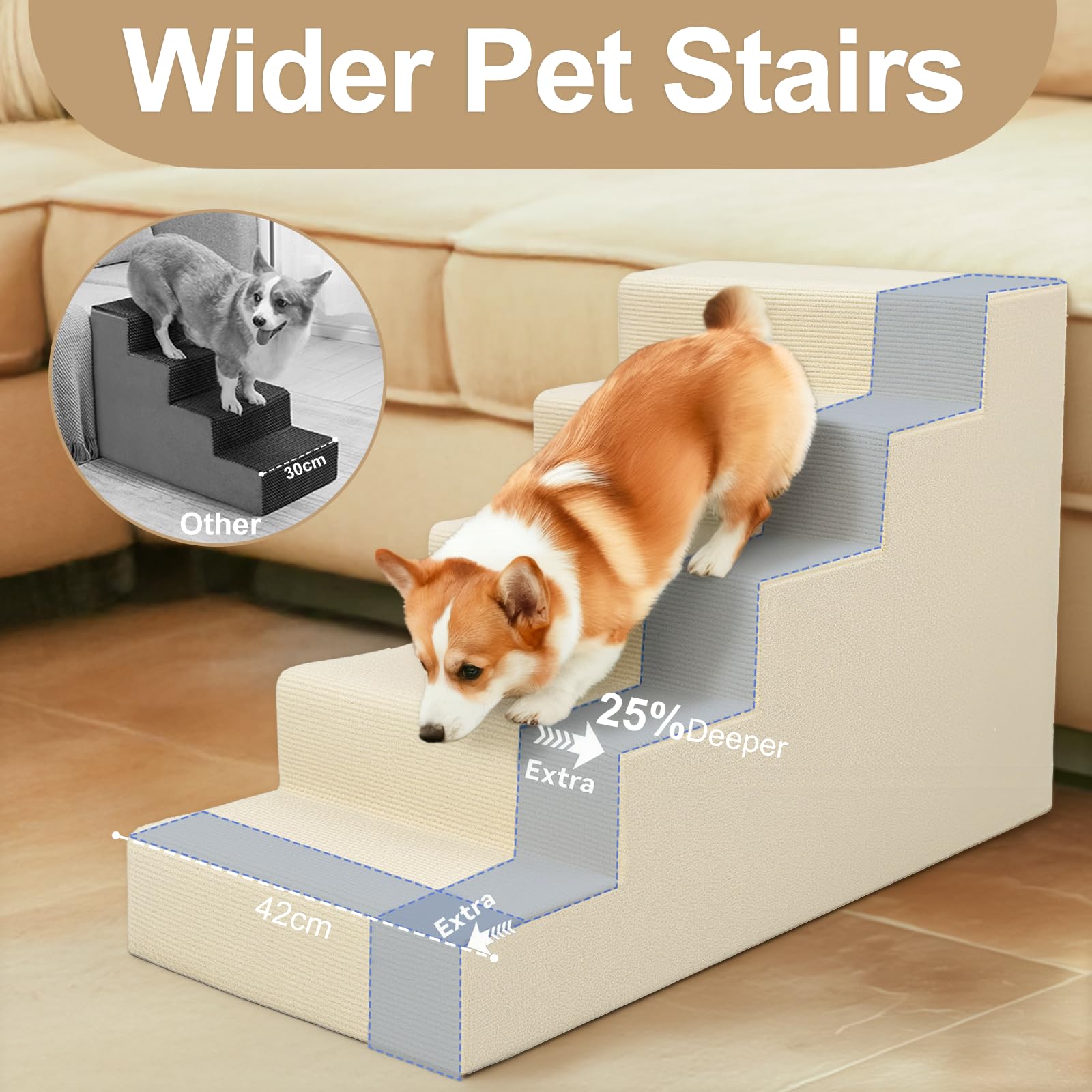 Niubya Escalera para Perros Medianos y Grandes de 5 Escalones, 86x42x57 cm, Espuma 30D, Funda Lavable y Antideslizante, para Cama y Sofá (Beige)