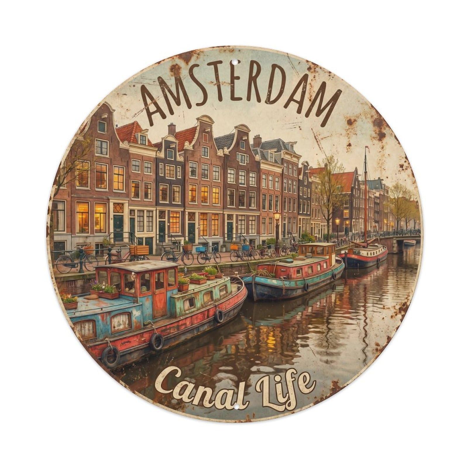 Vintage Travel Amsterdam Houseboats Canal Metal Tin Sign Plaque