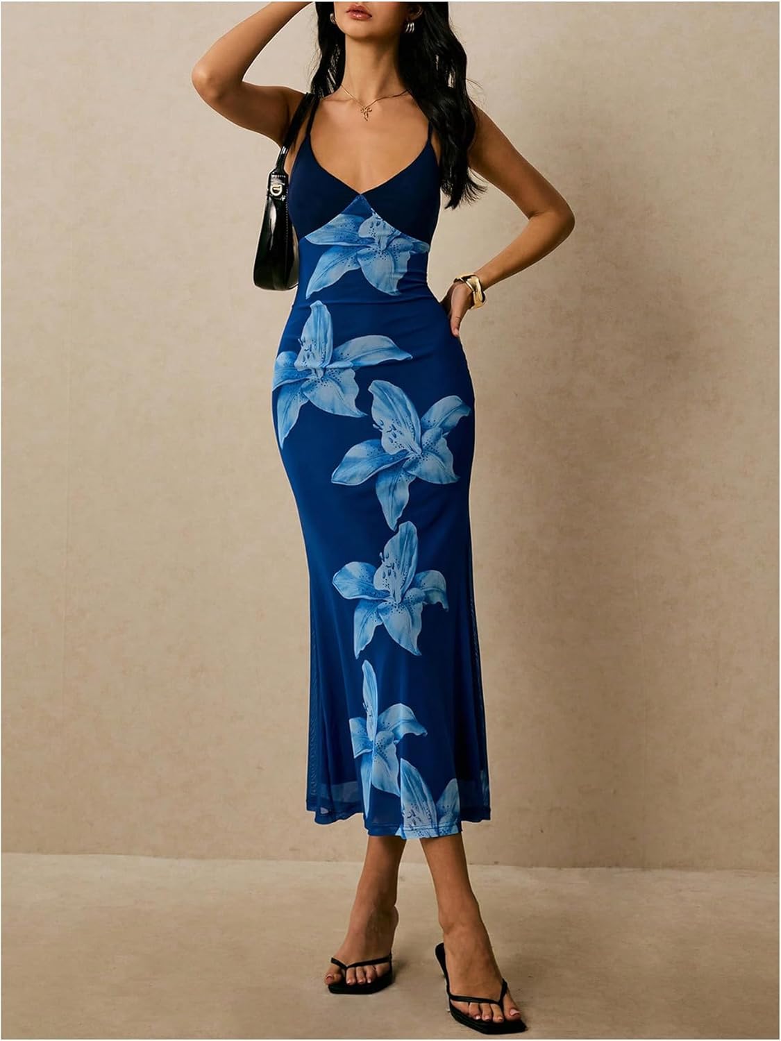 Women's Floral Cami Bodycon Dresses Sleeveless Spaghetti Strap Summer Midi Dress - Image 4