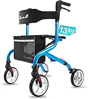 PLANETWALK TRA38 Super Lightweight 13lb Rollator Walker with Seat, 8" All-Terrain Wheels, Foldable Aluminum Frame for Seniors - Blue