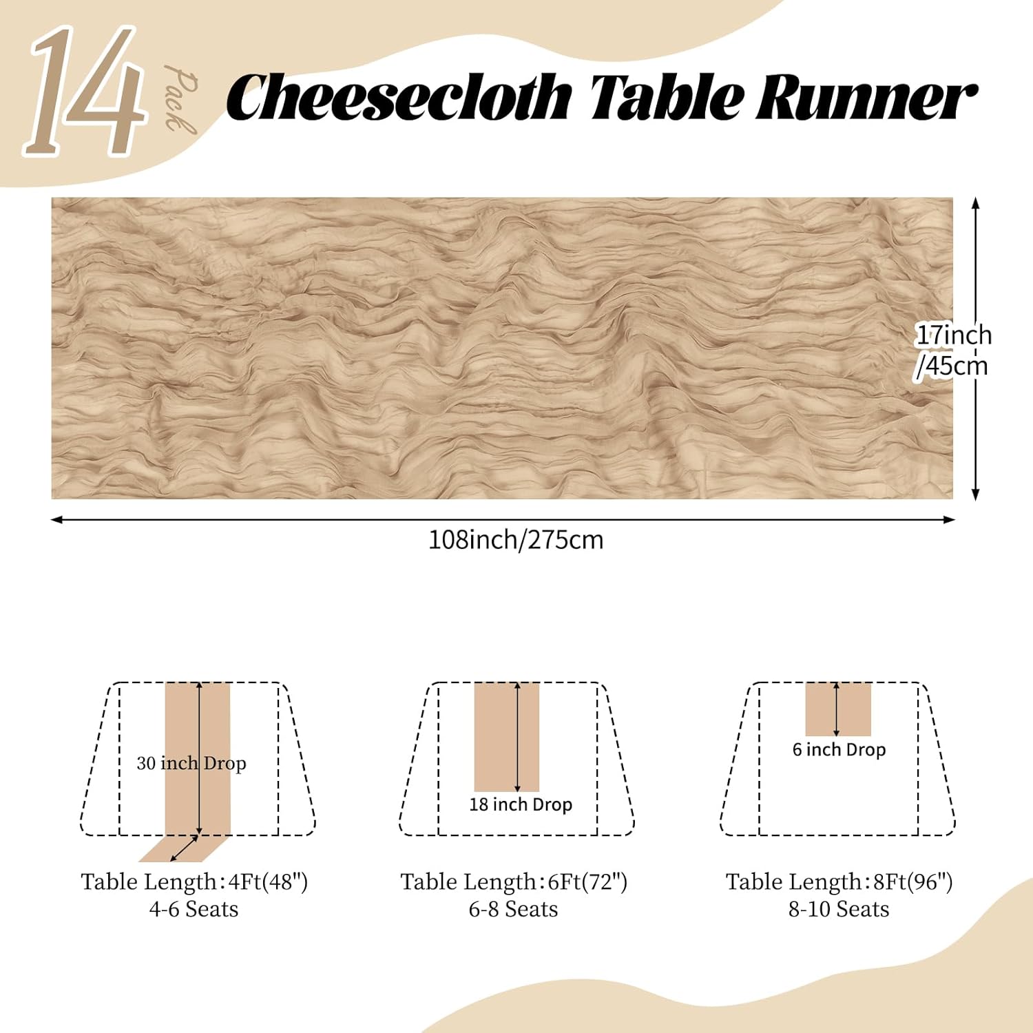 14 Pack Beige Cheesecloth Table Runner 17x108 Inch Semi Sheer Boho Gauze Cheese Cloth Fabric Table Runners, for Wedding Party Baby Shower Birthday Home Decor Garden Farmhouse