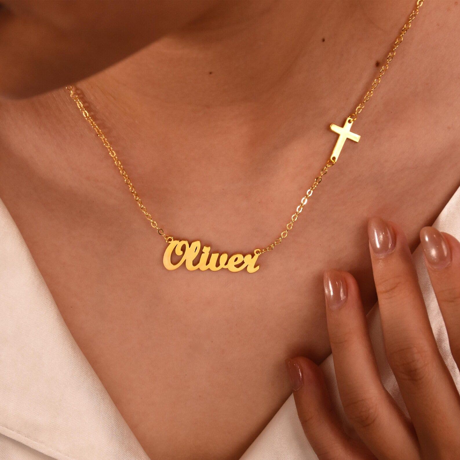 Su misura collana con nome con croce, laterale battesimo primo comunione Natale