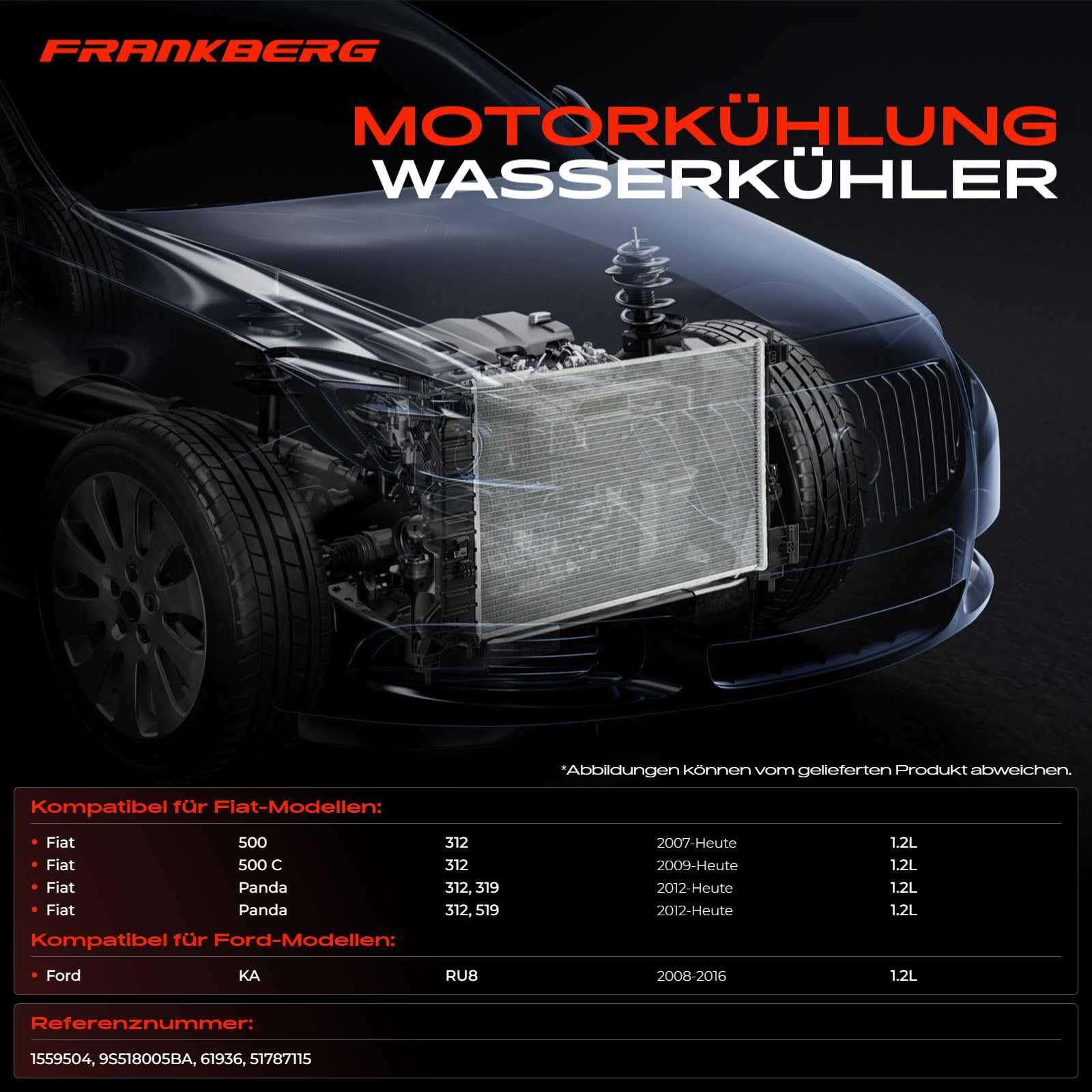 Frankberg Radiatore Raffreddatore acqua Radiatore motore 51787115 | Compatibile con: 500 312, 312 319, Van 312 519, KA RU8, 500 C 312