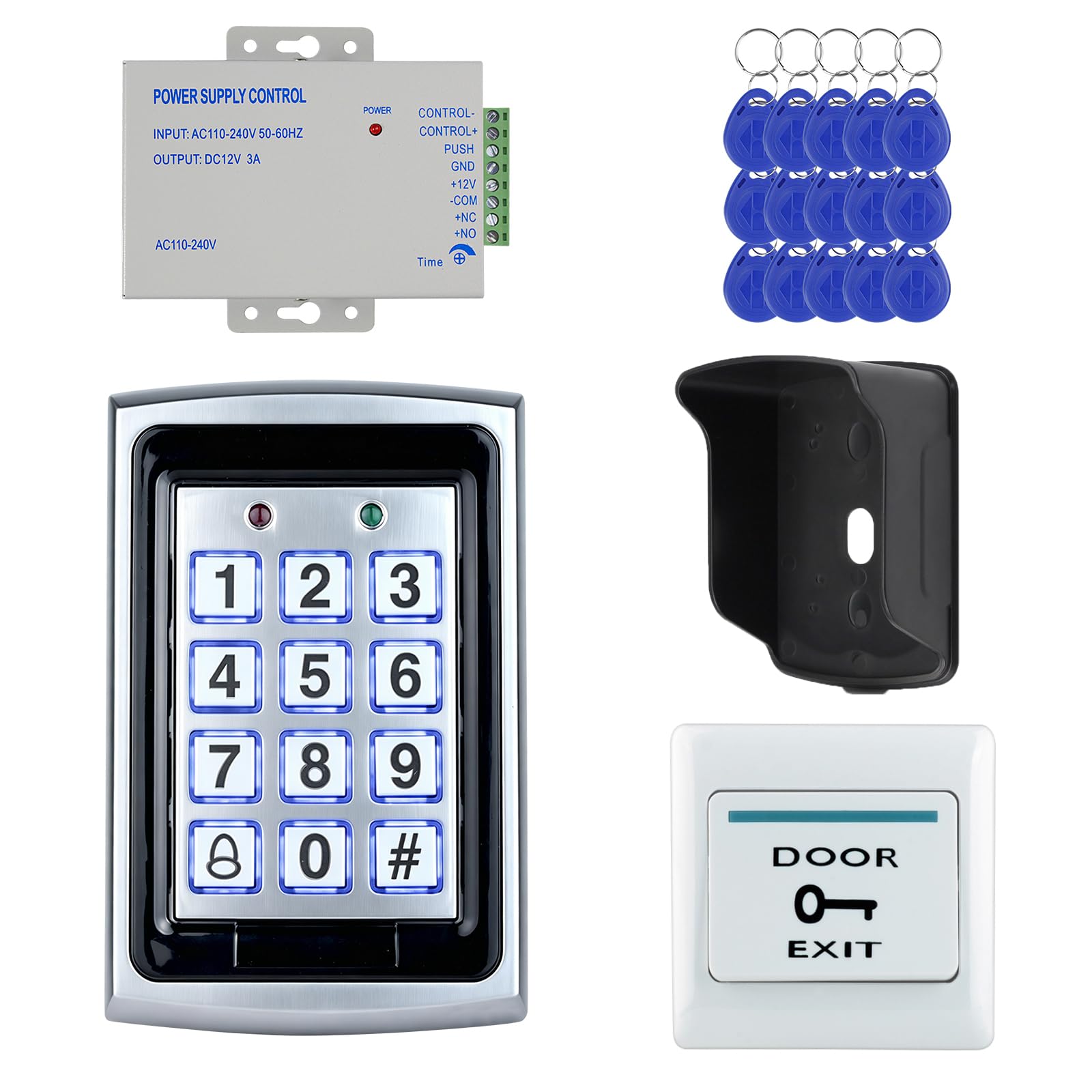 FusyTuly Weatherproof Access Control Kit, Rain Cover, Zinc Alloy Controller, Power Supply, Exit Button, 15 ID Keyfobs, 125kHz Wiegand for Outdoor/Indoor Use