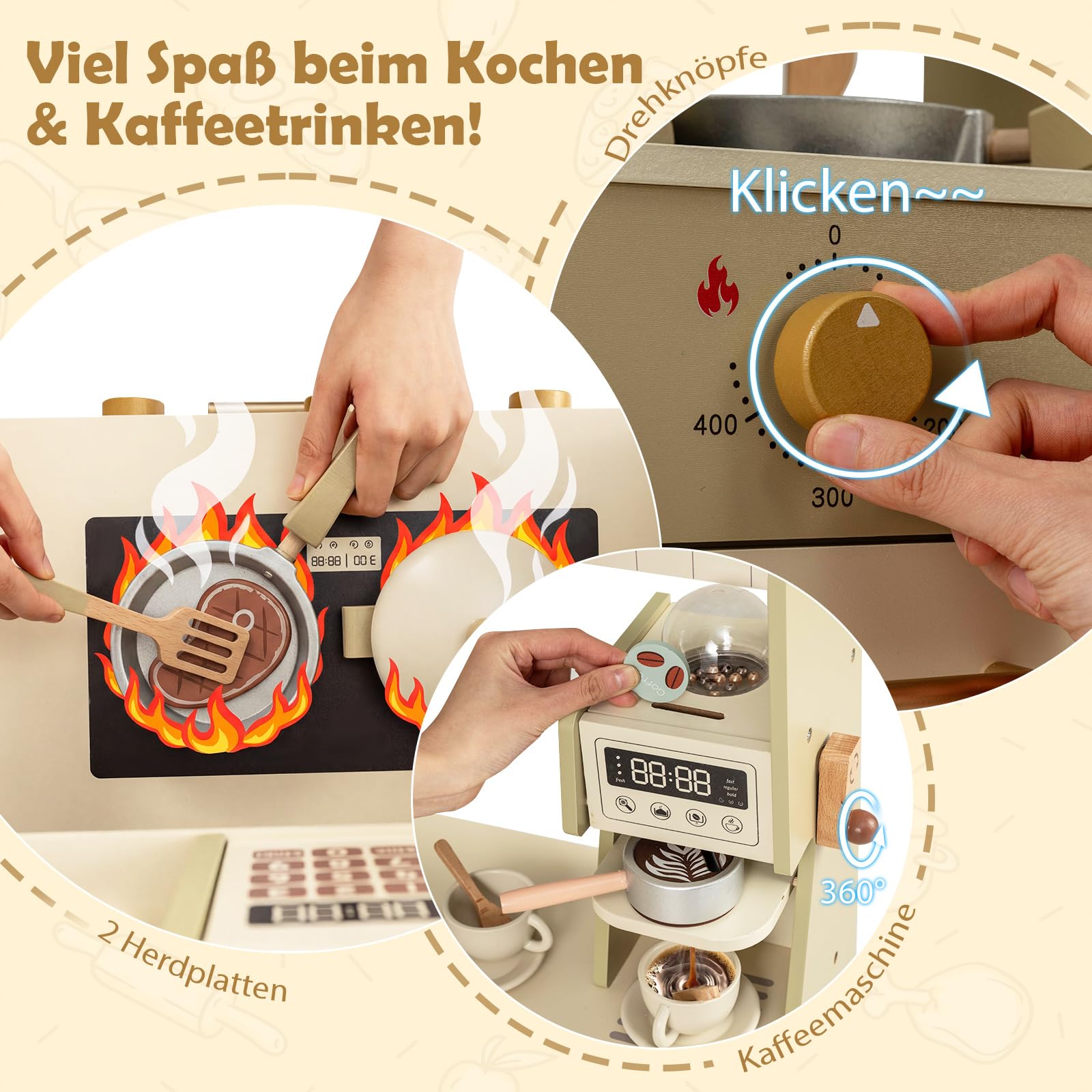 COSTWAY Kinderküche, Eck Spielküche mit Herd, Kühlschrank, Geschirrspüler, Kaffeemaschine, Mikrowelle & Toaster, Spielzeugküche mit 21 Zubehörteilen, Holzküche für Kinder ab 3 Jahren