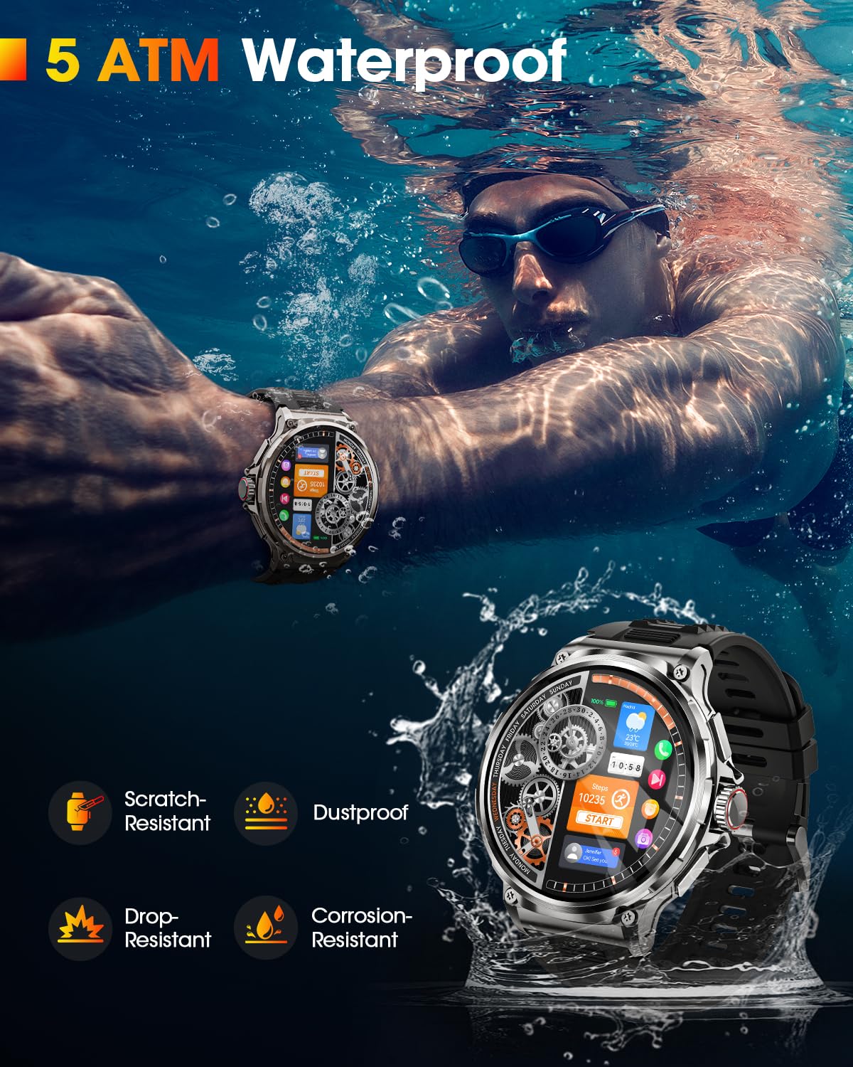 Smartwatch Uomo con 1000 mAh Batteria, 1.92" AMOLED, 5ATM Impermeabile Orologio Smart Watch Militare con Chiamate Bluetooth, 120+ Modalità Sportive, Frequenza Cardiaca/SpO2/Sonno, iOS Android Argento