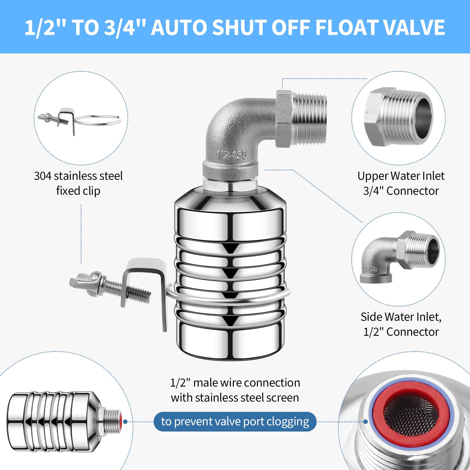 4 válvulas flotantes de agua para tanque de agua, válvula flotante de acero inoxidable 304 de 1/2 a 3/4 pulgadas, sistema de agua automático Aquapulse, válvula de cierre de agua totalmente automática