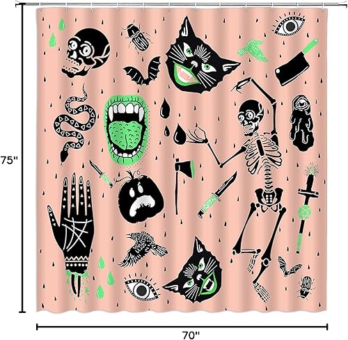 Vista 74 de Cortina de ducha Happy Halloween con diseño de calavera de bruja, murciélago espeluznante, alquimia gótica, tablero de ouija mágico, hongo de bruja