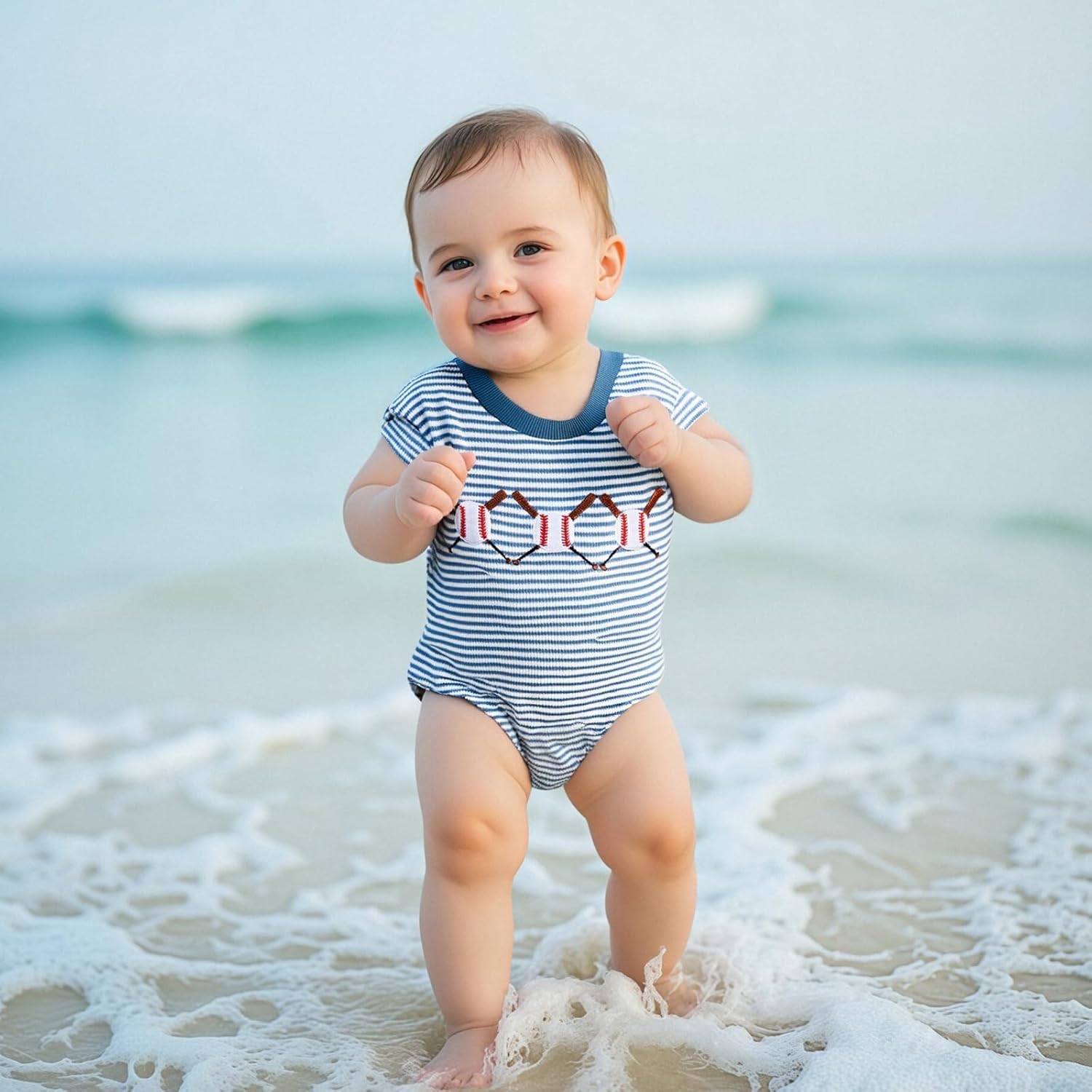 Infant Baby Boy Girl Baseball Outfit Embroidery Stripe Short Sleeve Bubble Romper Waffle Knit Bodysuit Summer Clothes - Image 4