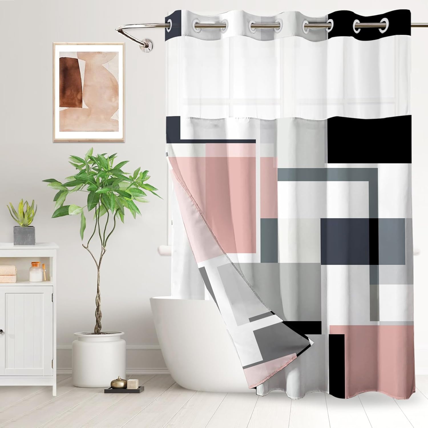 Pink Hookless Shower Curtain Set with Snap in Liner, Pink Black White Bathroom Decor, 71x74 Inches, Geometric Bathroom Curtain with Liner and See Through Top Window