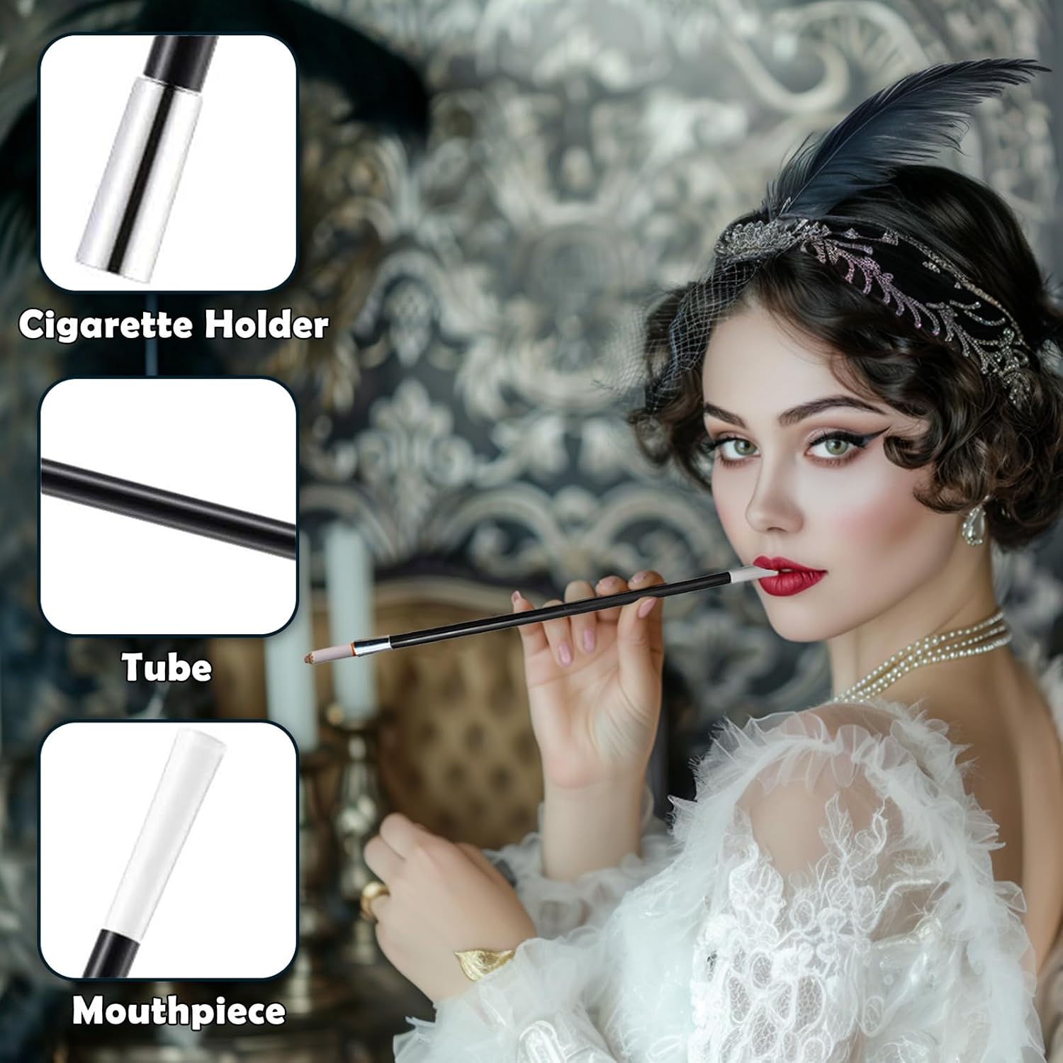 2 Long Cigarette Holders & 2 Fake Puff Cigarettes & 2 Half Fake Cigarettes with Smoke for 1920s Accessories for Women - Audrey Hepburn,Cruella Deville,Beatnik,Costume Flapper Photo Prop Party