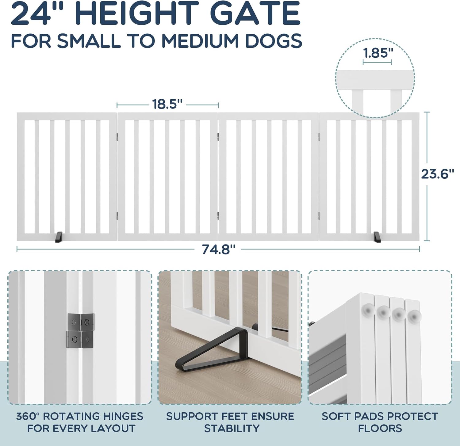 Homykic Bamboo Freestanding Dog Gate, No Assembly Pet Gate Indoor, 24”H x 75”W Extra Wide Foldable Puppy Barrier Fence with Support Feet for the House, Doorways Stairs, 4 Panels, No Drilling