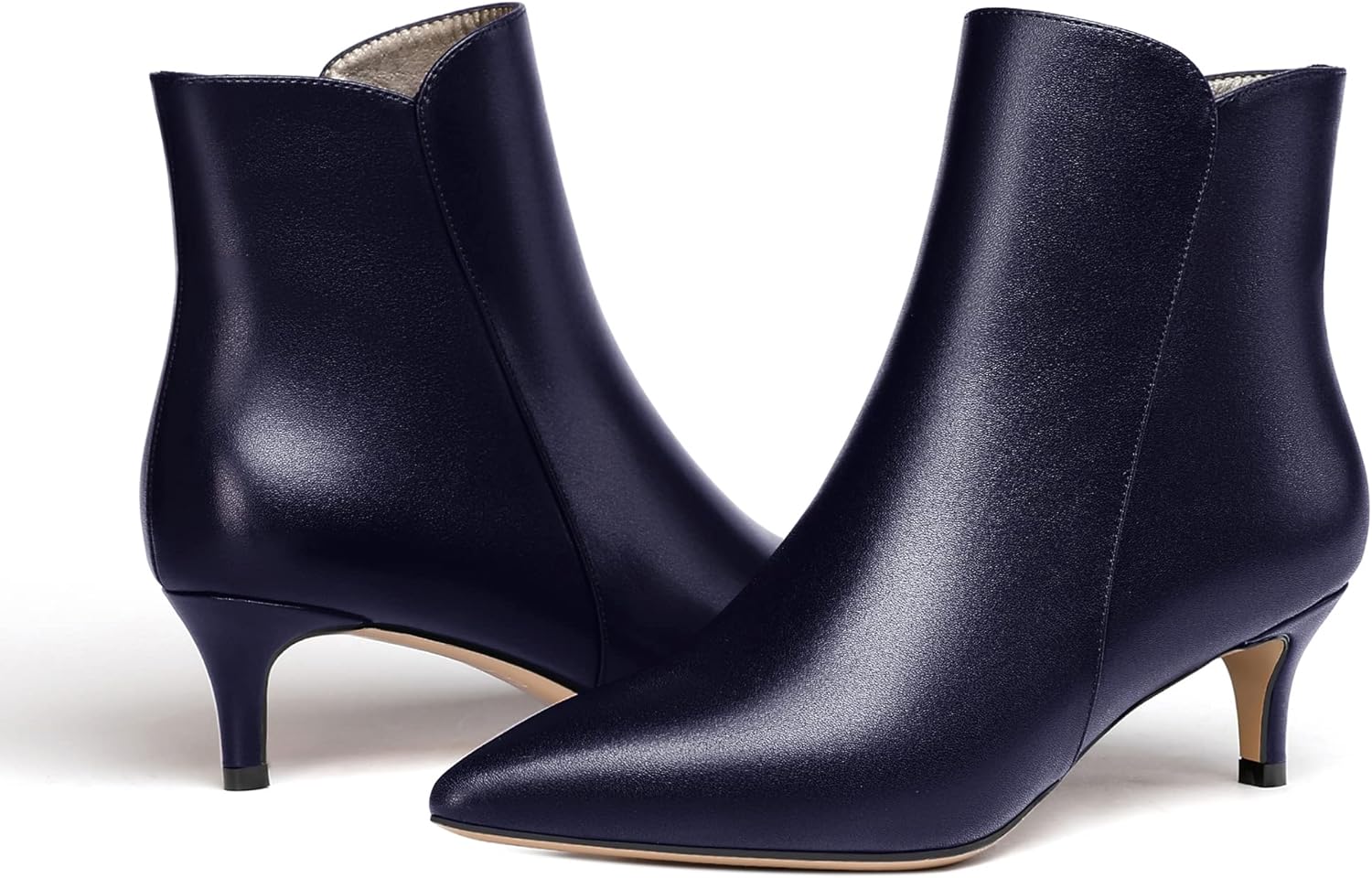 WAYDERNS Women's Matte Zipper Leather Pointed Toe Low Kitten Heel Ankle High Short Boots 2 Inch