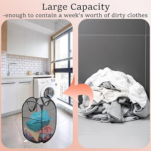 Miniatura 7 de Paquete de 2 cestas plegables de lavandería plegables de malla negra con asa portátil, bolsillo lateral para dormitorio, cuarto de bebé, viajes,